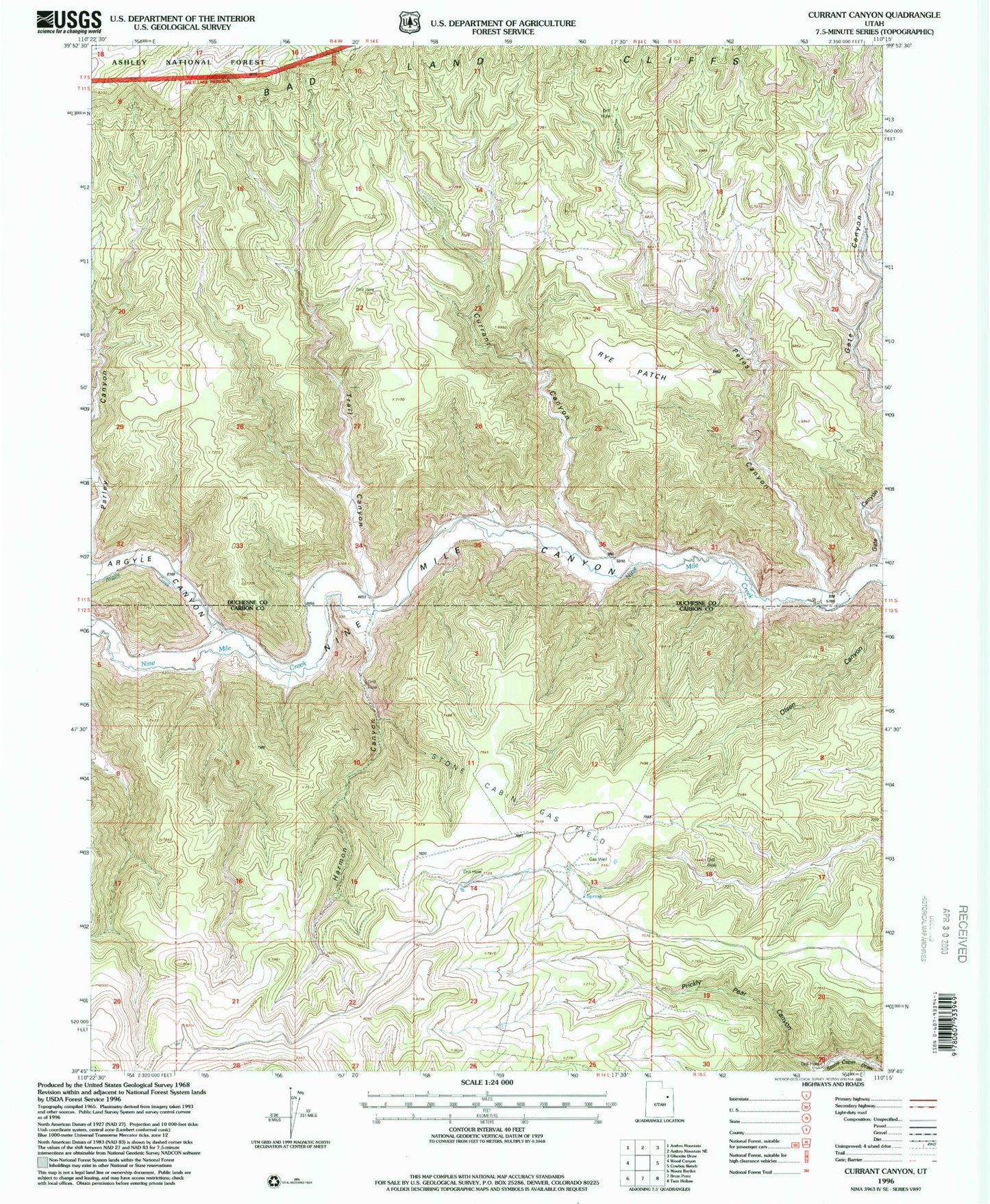 Classic USGS Currant Canyon Utah 7.5'x7.5' Topo Map Image