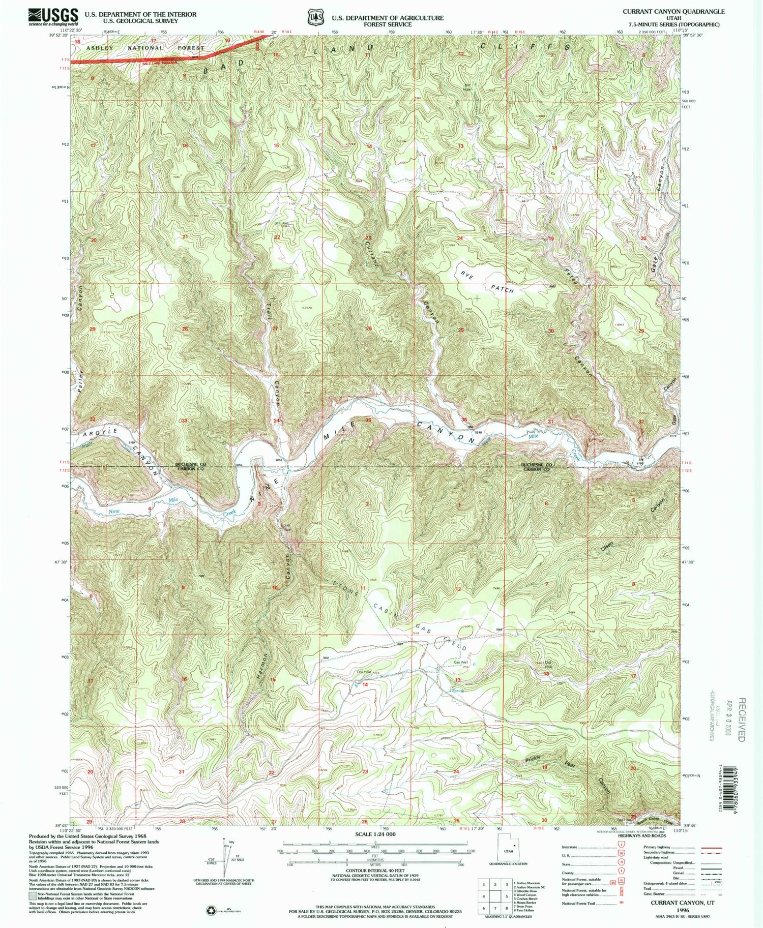 Classic USGS Currant Canyon Utah 7.5'x7.5' Topo Map Image