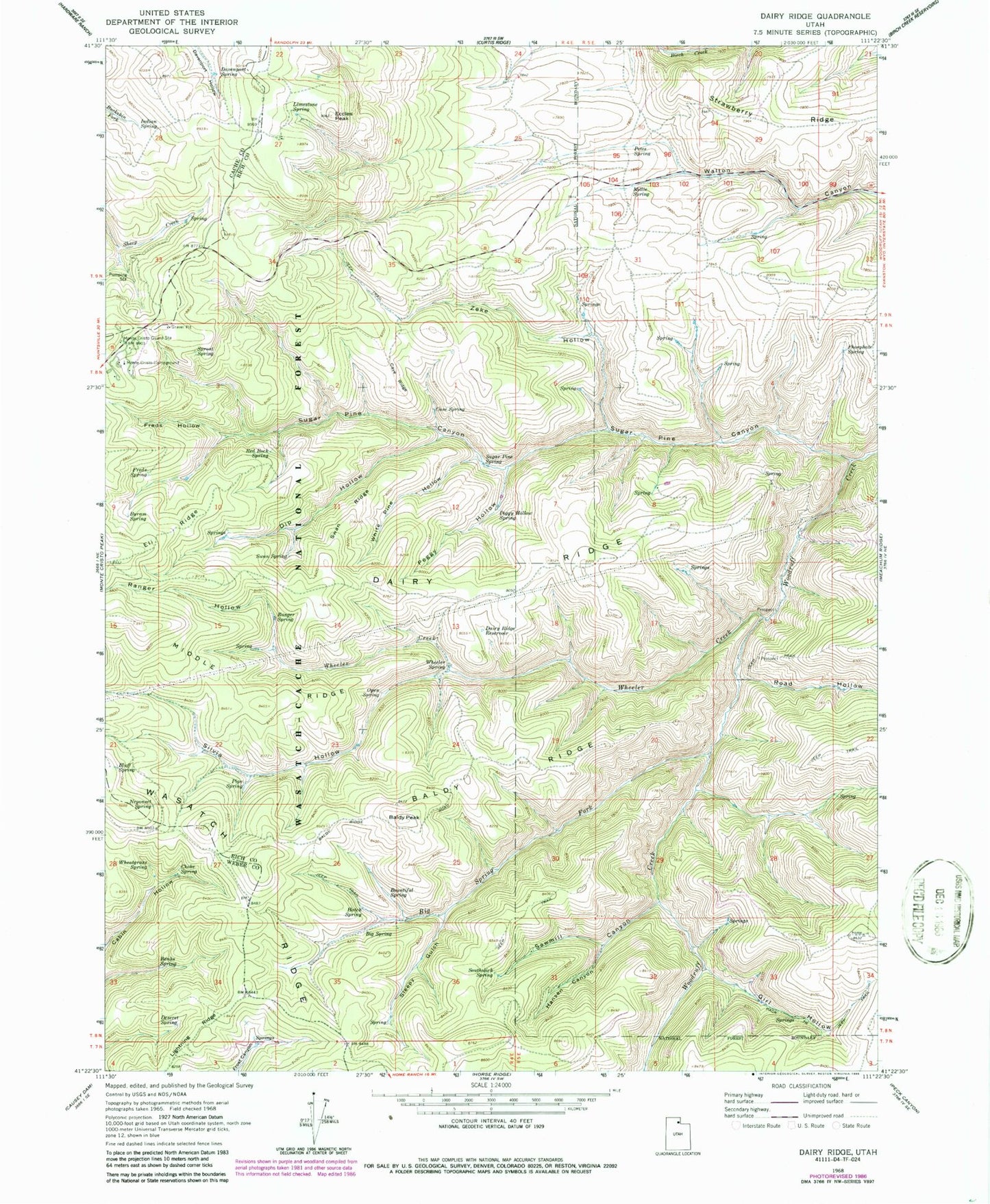 Classic USGS Dairy Ridge Utah 7.5'x7.5' Topo Map Image