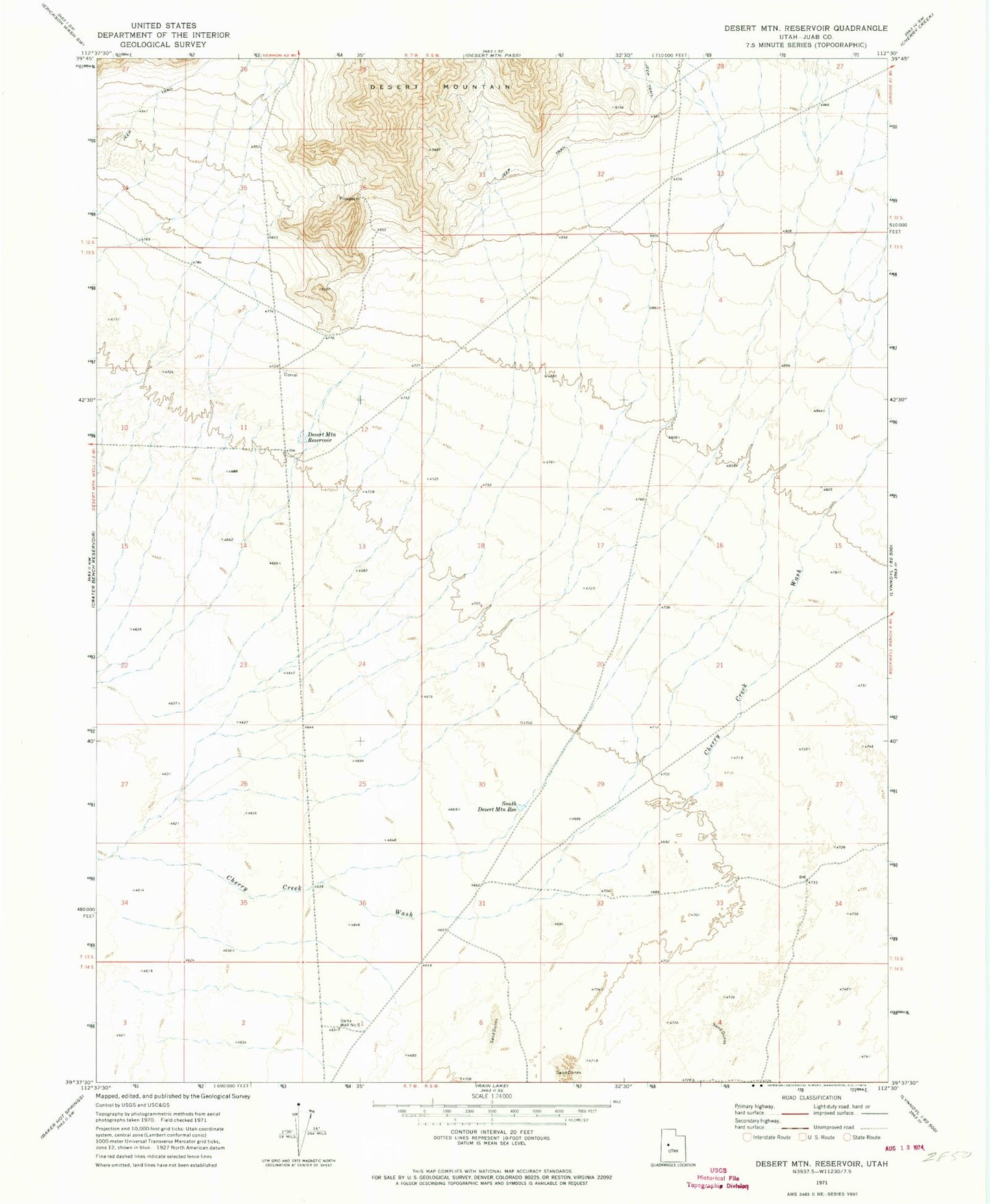 Classic USGS Desert Mountain Reservoir Utah 7.5'x7.5' Topo Map Image