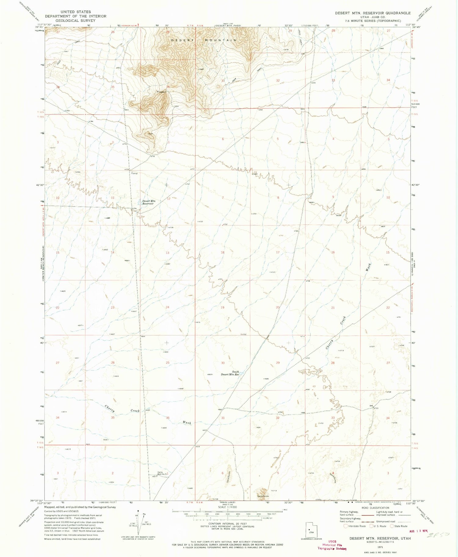 Classic USGS Desert Mountain Reservoir Utah 7.5'x7.5' Topo Map Image