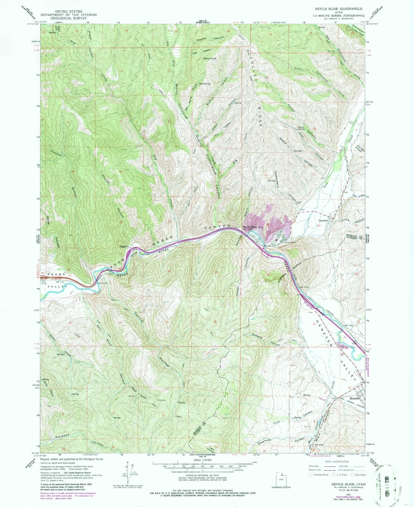 Classic USGS Devils Slide Utah 7.5'x7.5' Topo Map Image