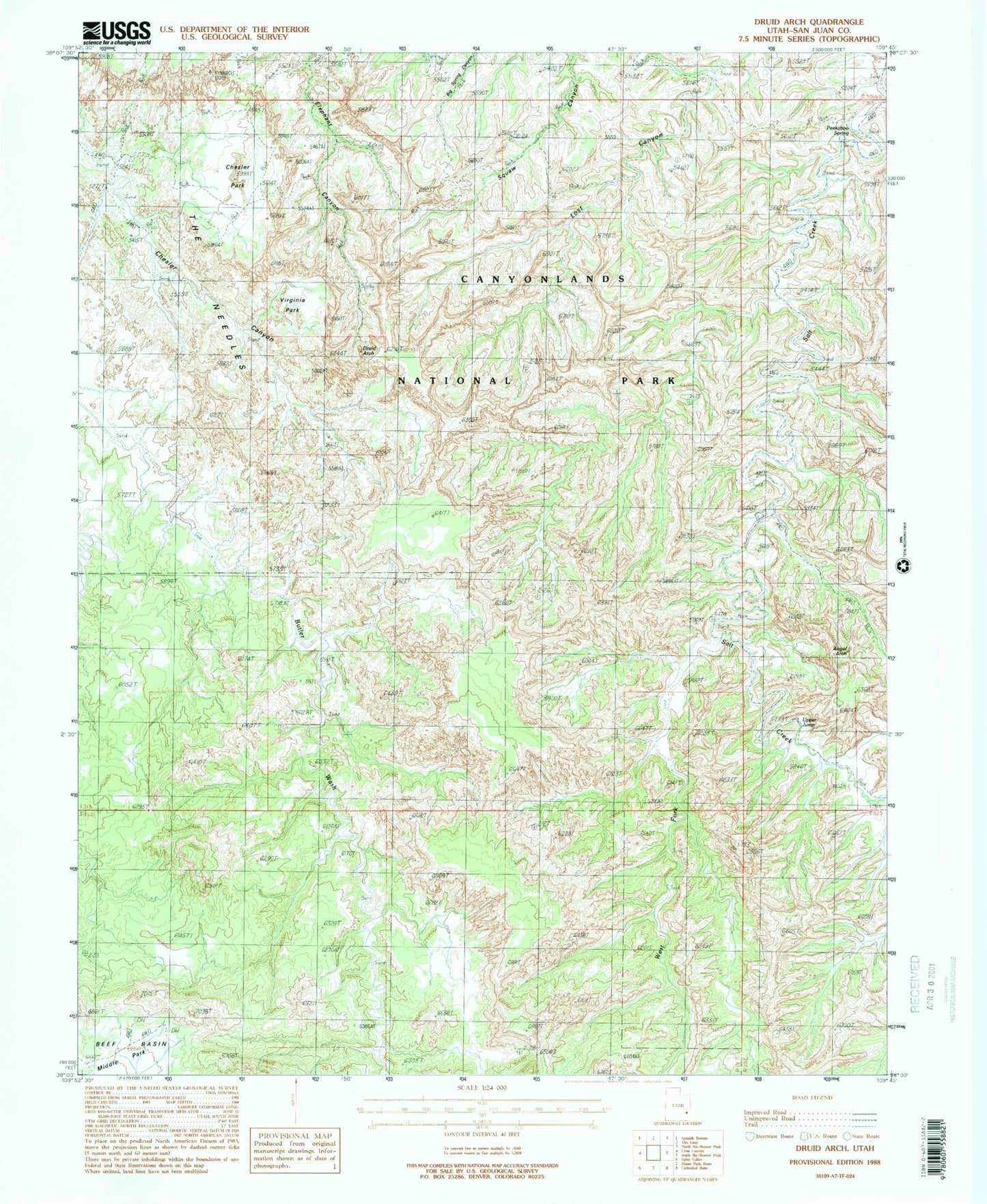 USGS Classic Druid Arch Utah 7.5'x7.5' Topo Map Image