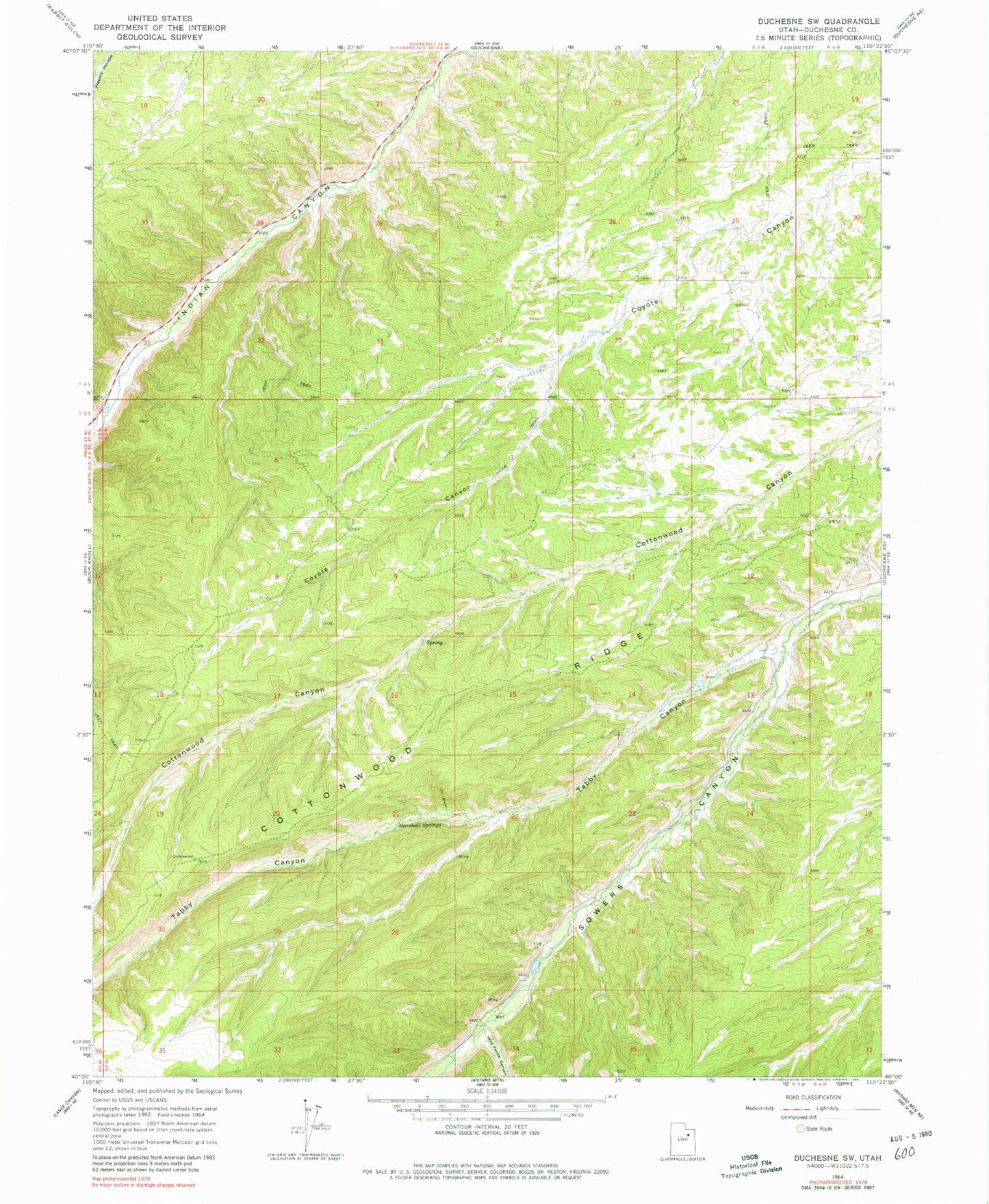 Classic USGS Duchesne SW Utah 7.5'x7.5' Topo Map Image