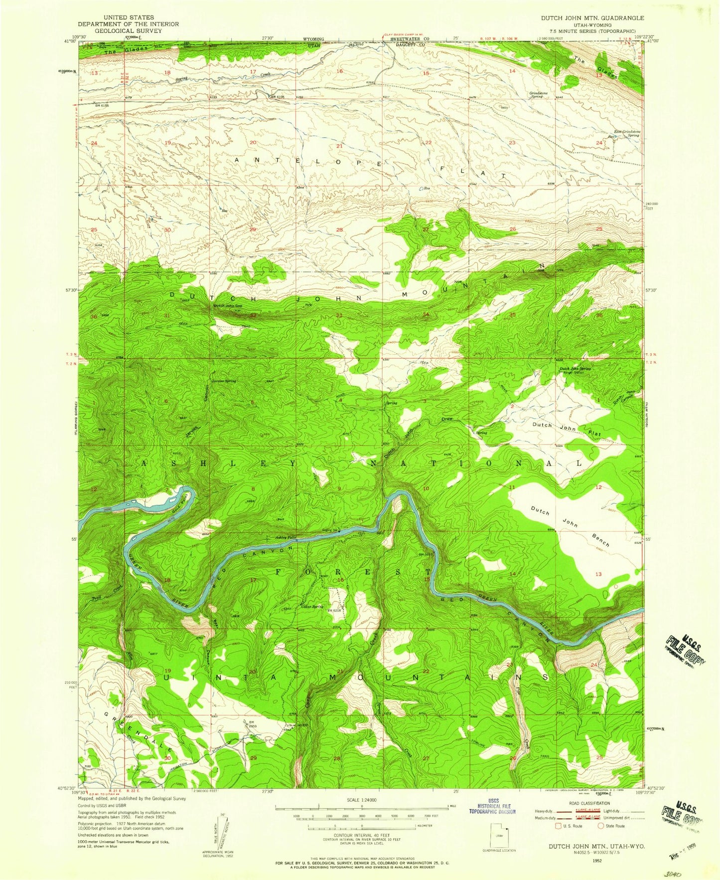 Classic USGS Dutch John Utah 7.5'x7.5' Topo Map Image