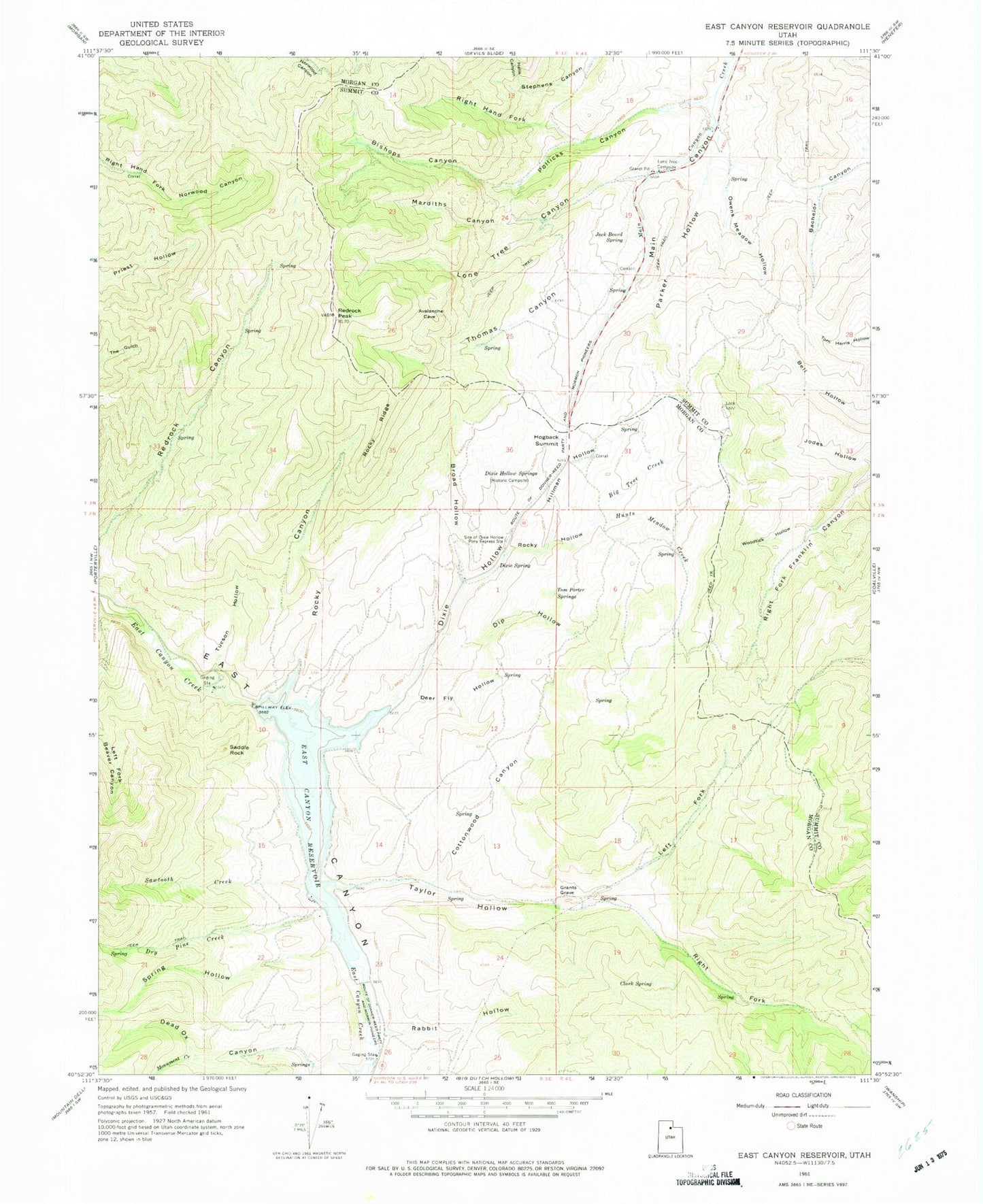 Classic USGS East Canyon Reservoir Utah 7.5'x7.5' Topo Map Image
