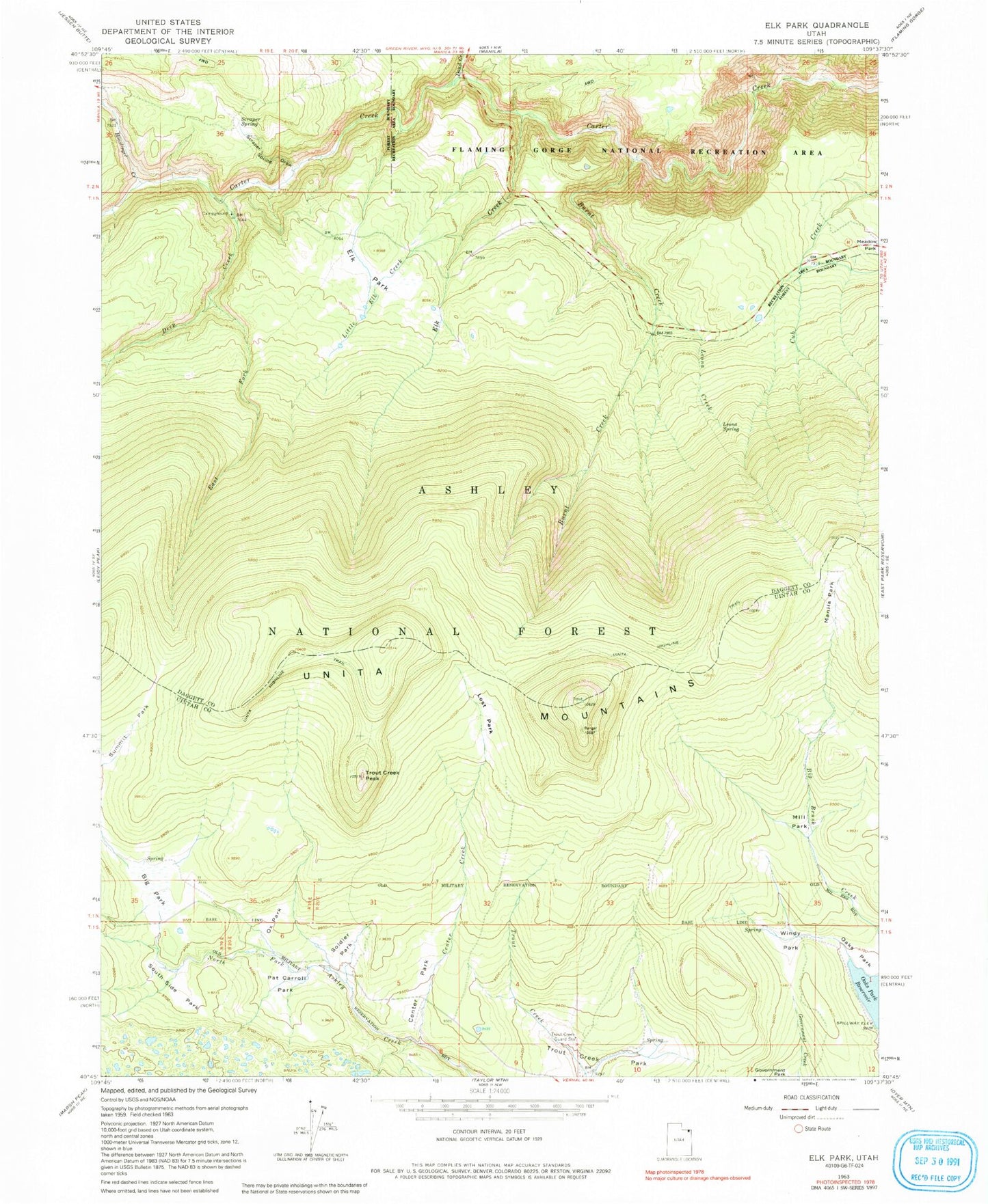 Classic USGS Elk Park Utah 7.5'x7.5' Topo Map Image