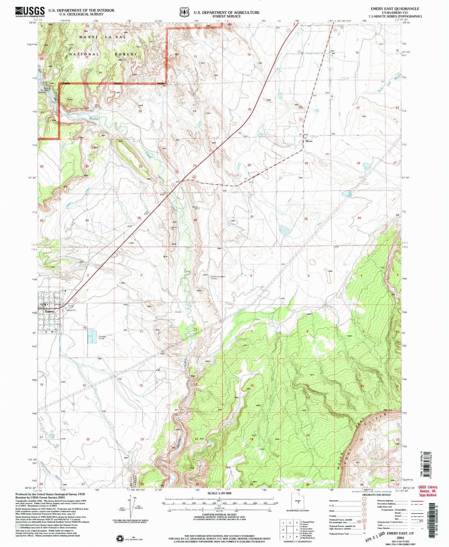 Classic USGS Emery East Utah 7.5'x7.5' Topo Map Image