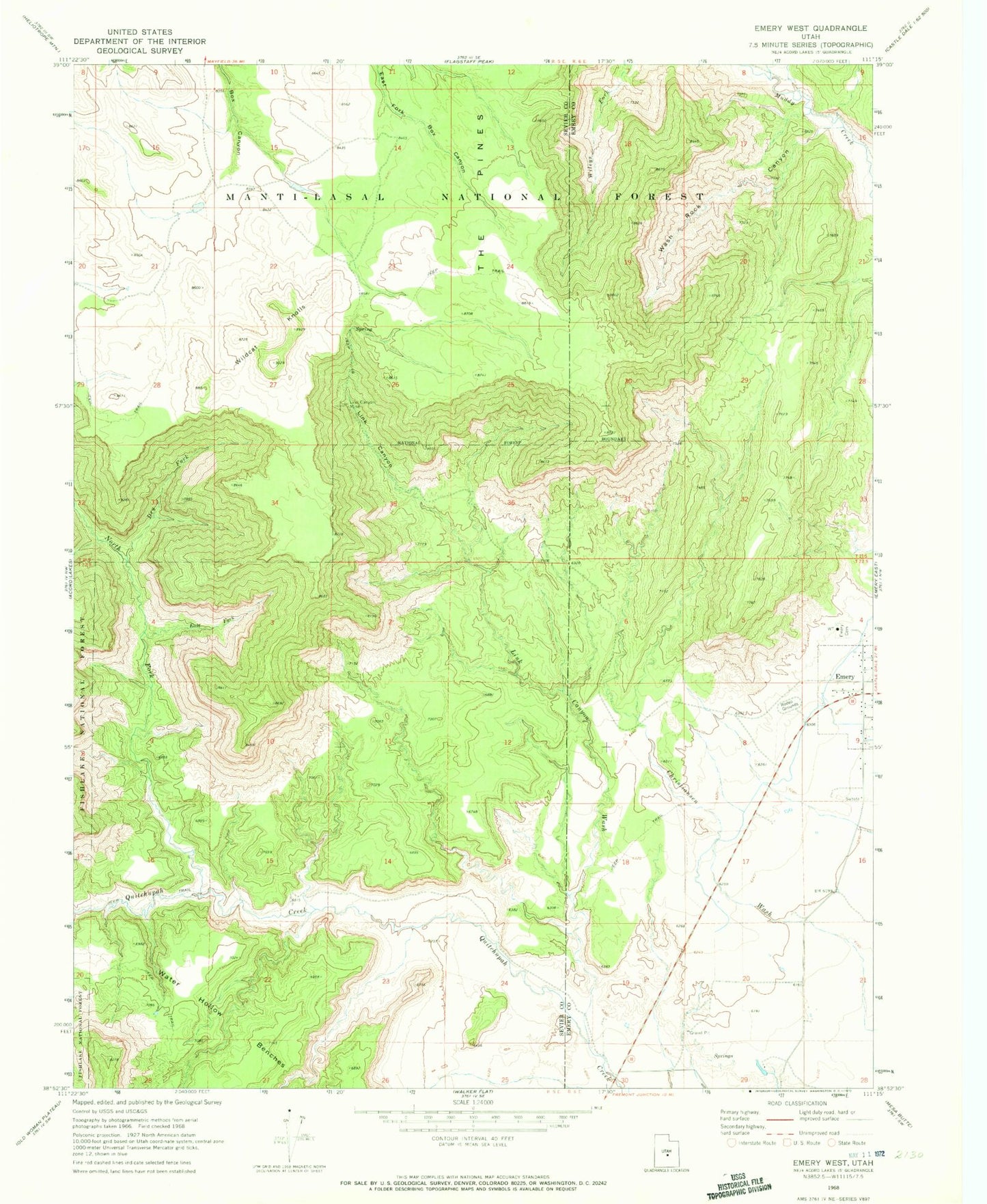 Classic USGS Emery West Utah 7.5'x7.5' Topo Map Image