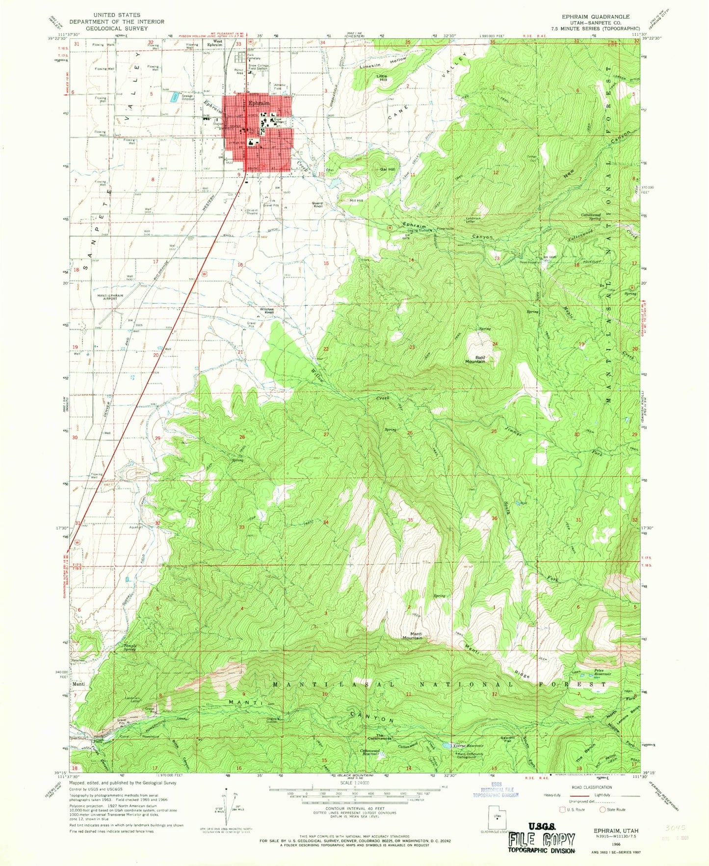 Classic USGS Ephraim Utah 7.5'x7.5' Topo Map Image