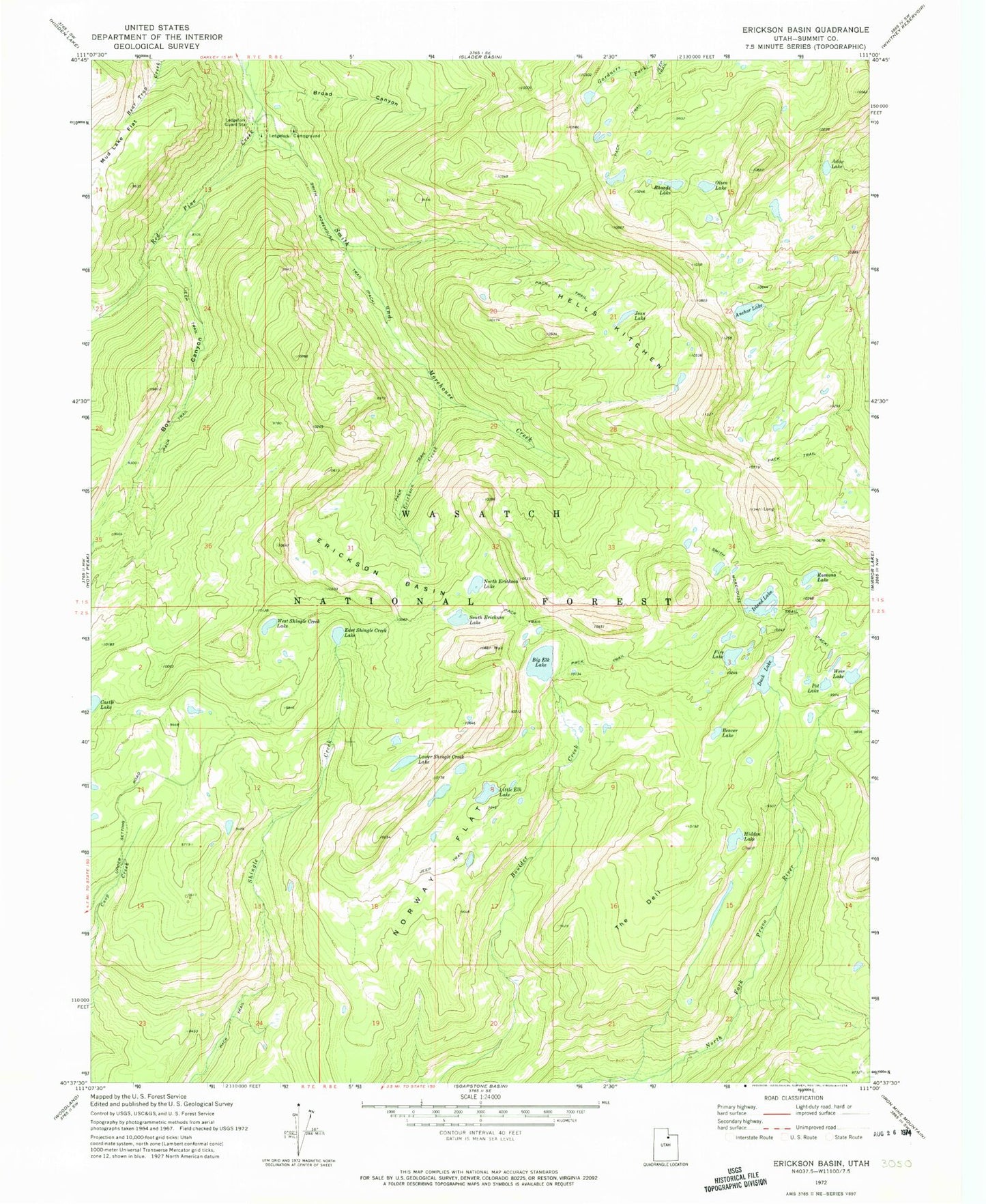 Classic USGS Erickson Basin Utah 7.5'x7.5' Topo Map Image