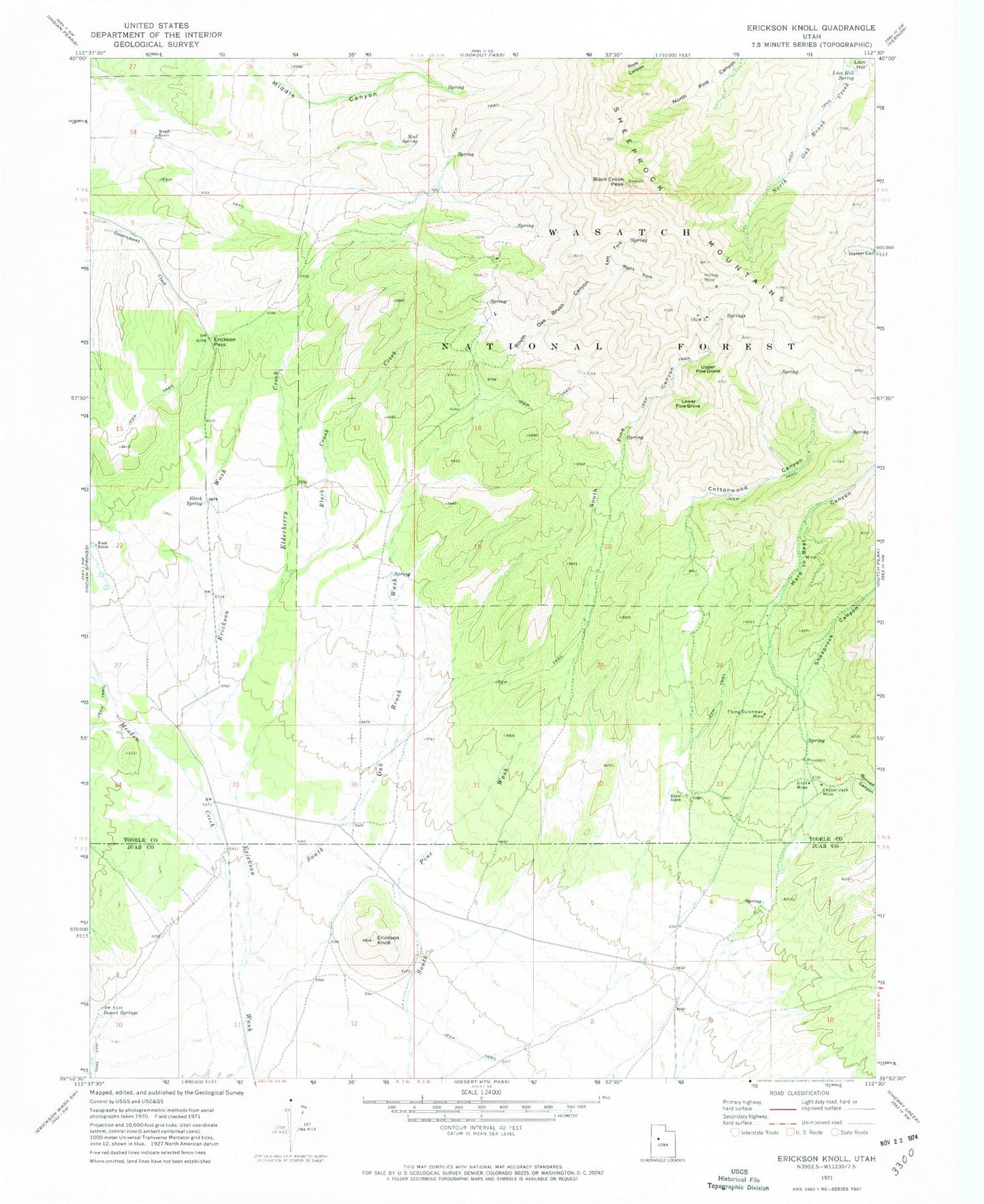 Classic USGS Erickson Knoll Utah 7.5'x7.5' Topo Map Image