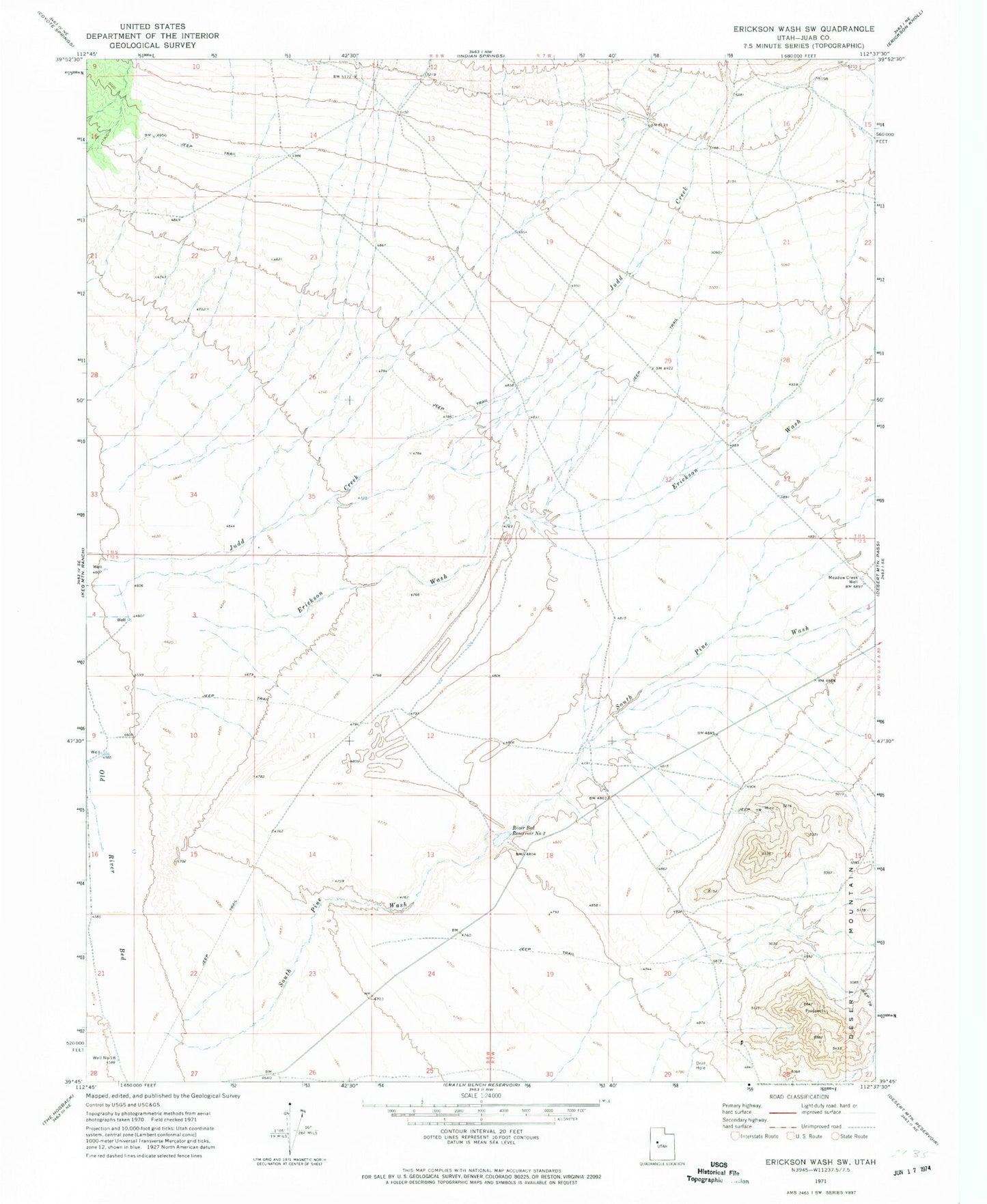 Classic USGS Erickson Wash SW Utah 7.5'x7.5' Topo Map Image