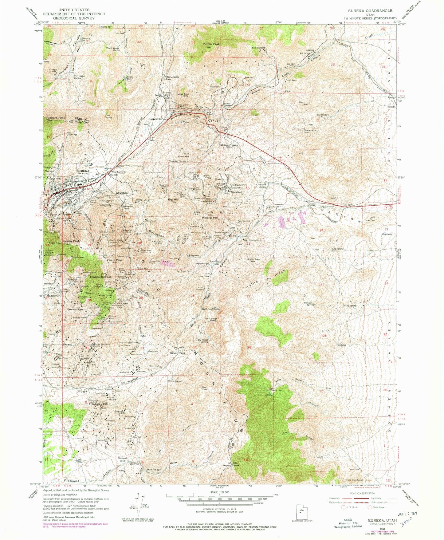 Classic USGS Eureka Utah 7.5'x7.5' Topo Map Image
