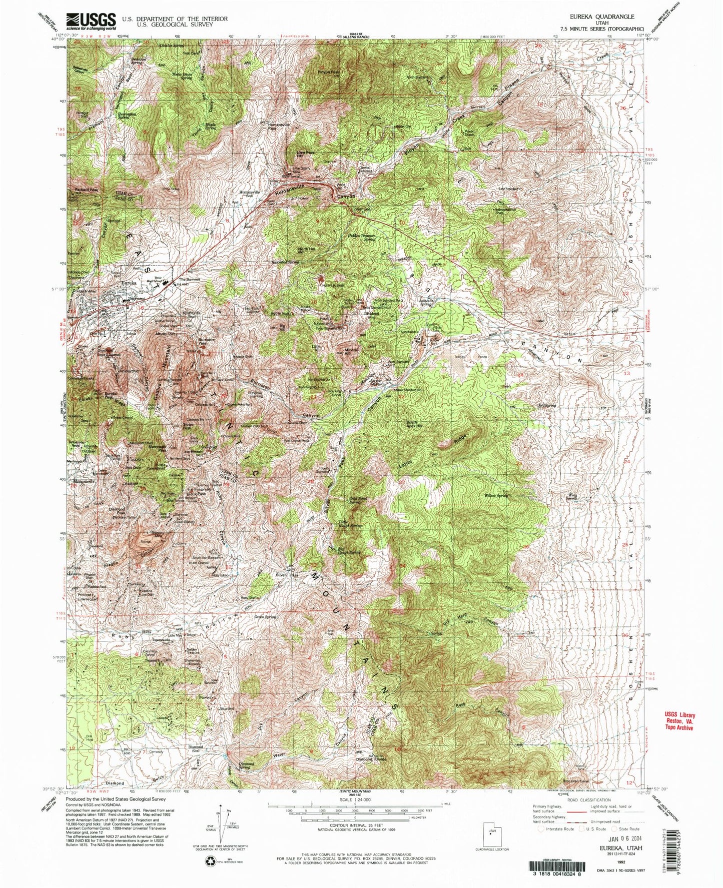 Classic USGS Eureka Utah 7.5'x7.5' Topo Map Image