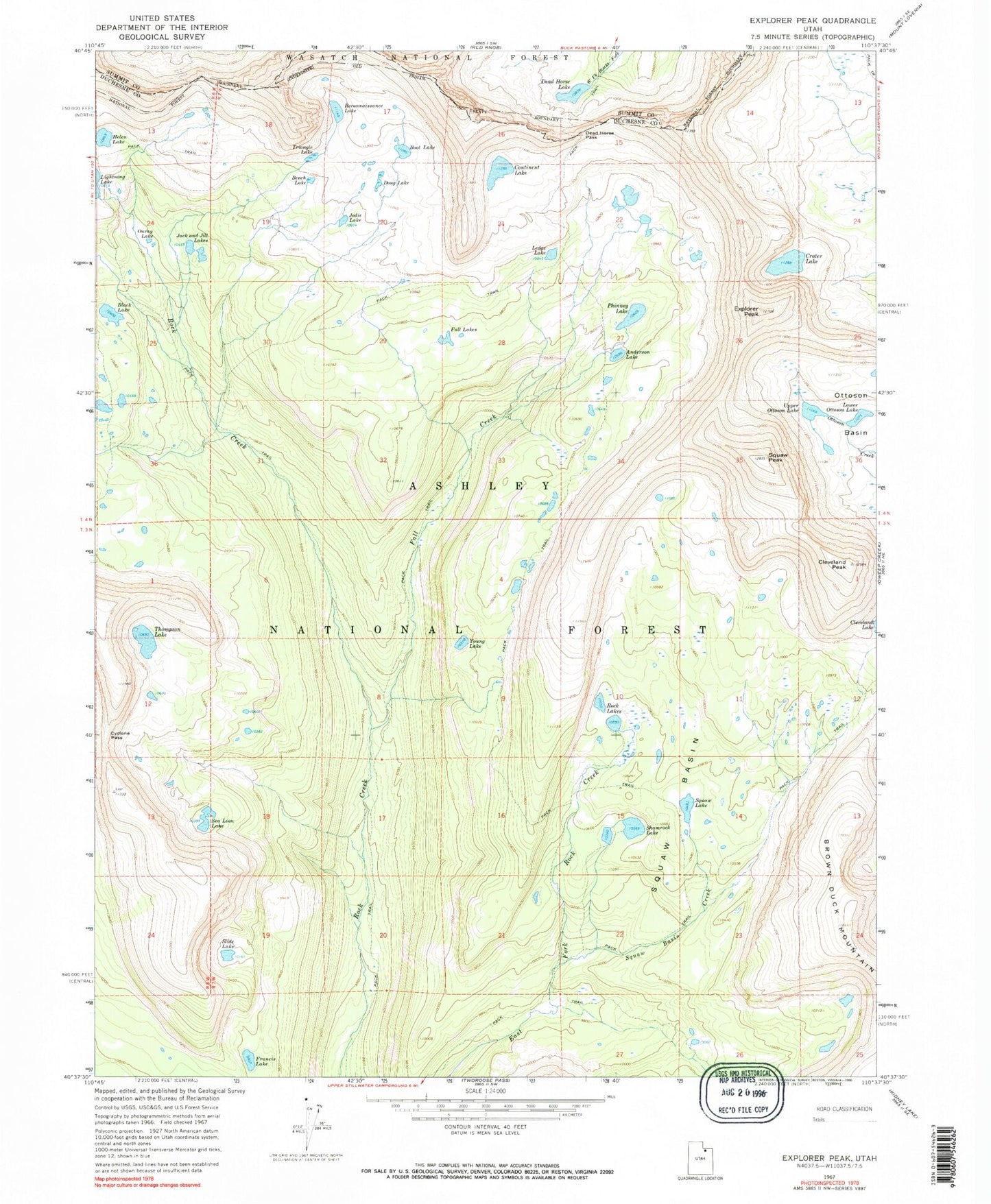 Classic USGS Explorer Peak Utah 7.5'x7.5' Topo Map Image