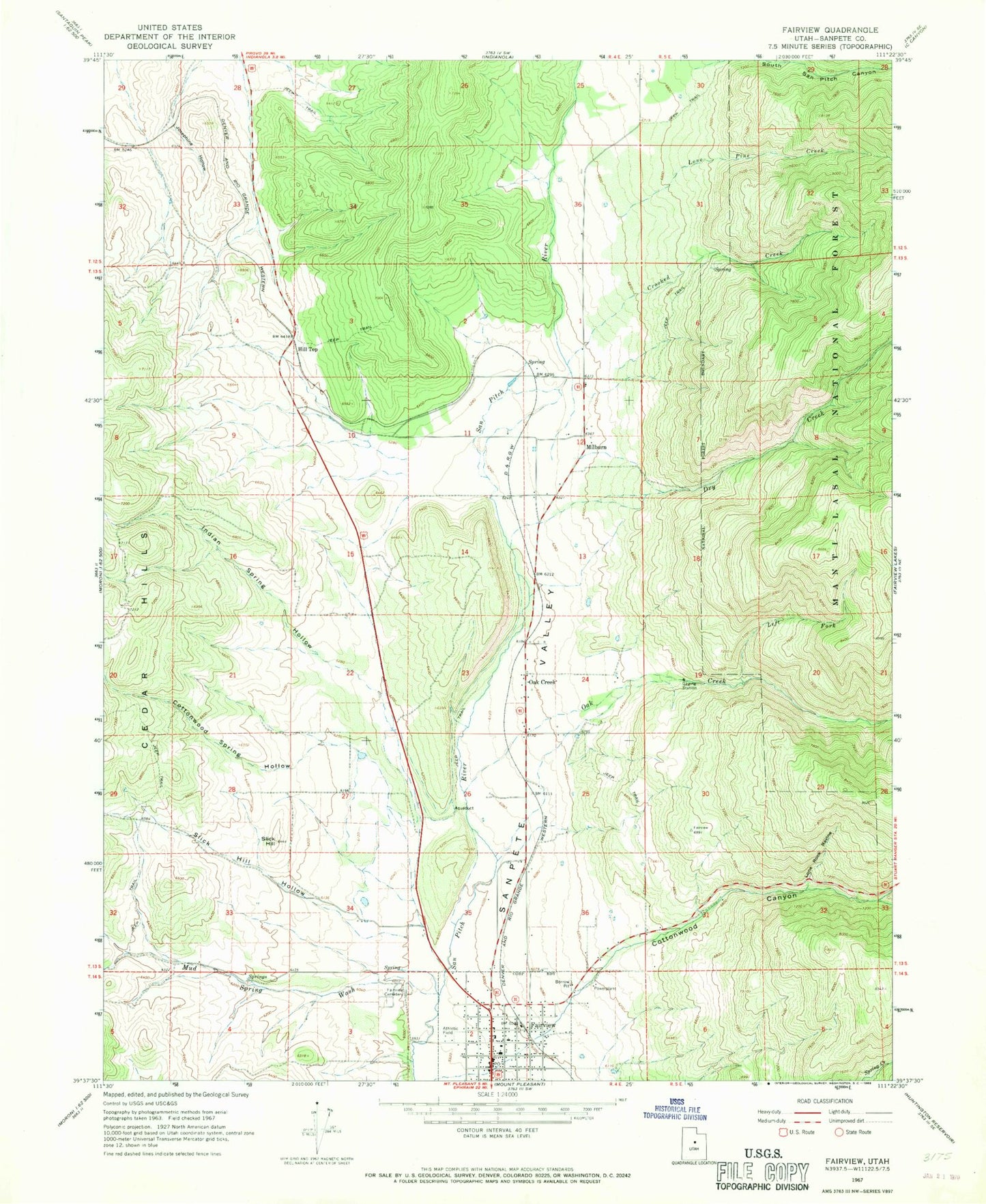 Classic USGS Fairview Utah 7.5'x7.5' Topo Map Image