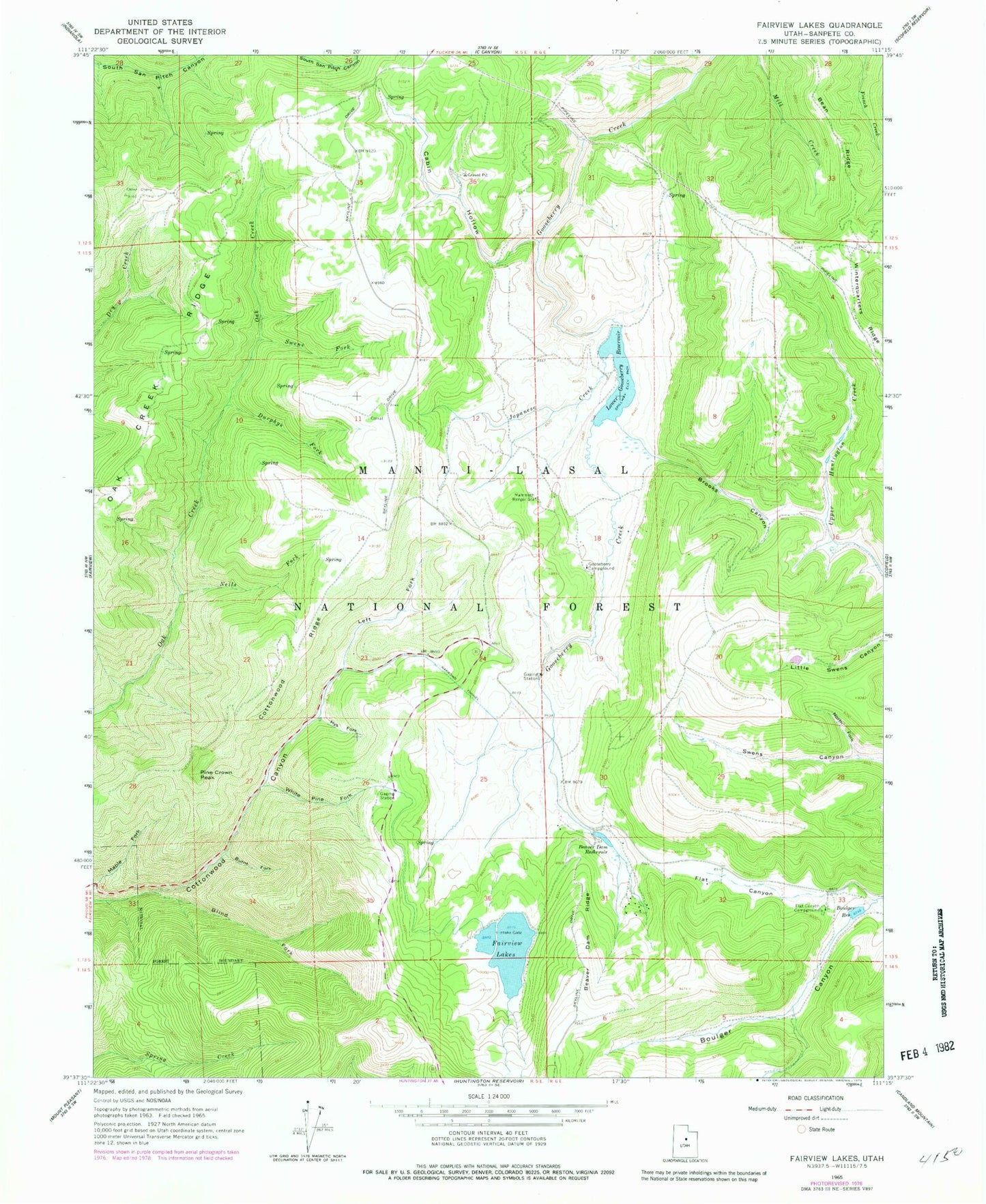 Classic USGS Fairview Lakes Utah 7.5'x7.5' Topo Map Image