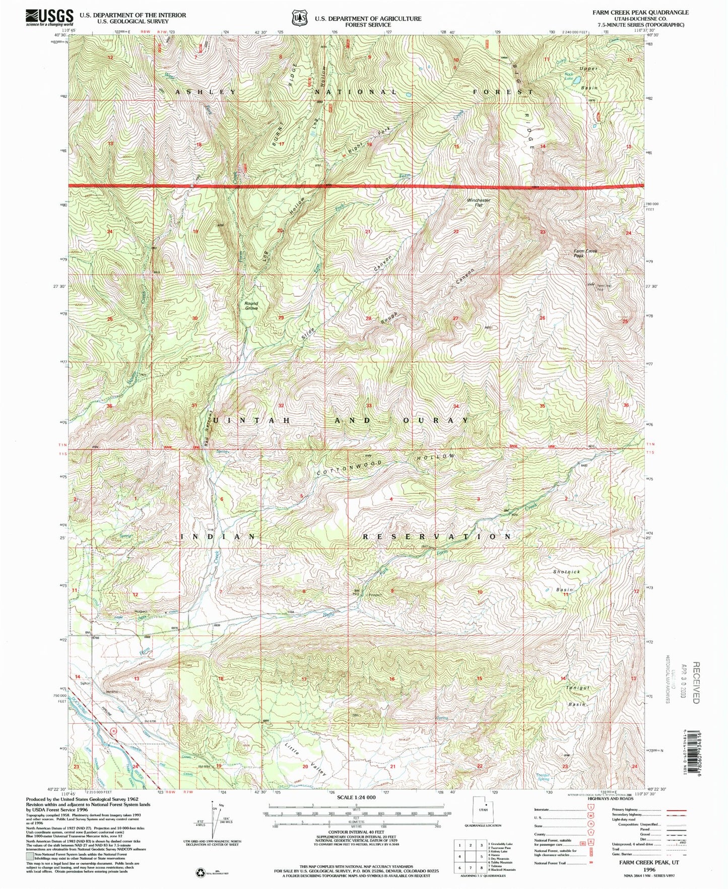 Classic USGS Farm Creek Peak Utah 7.5'x7.5' Topo Map Image