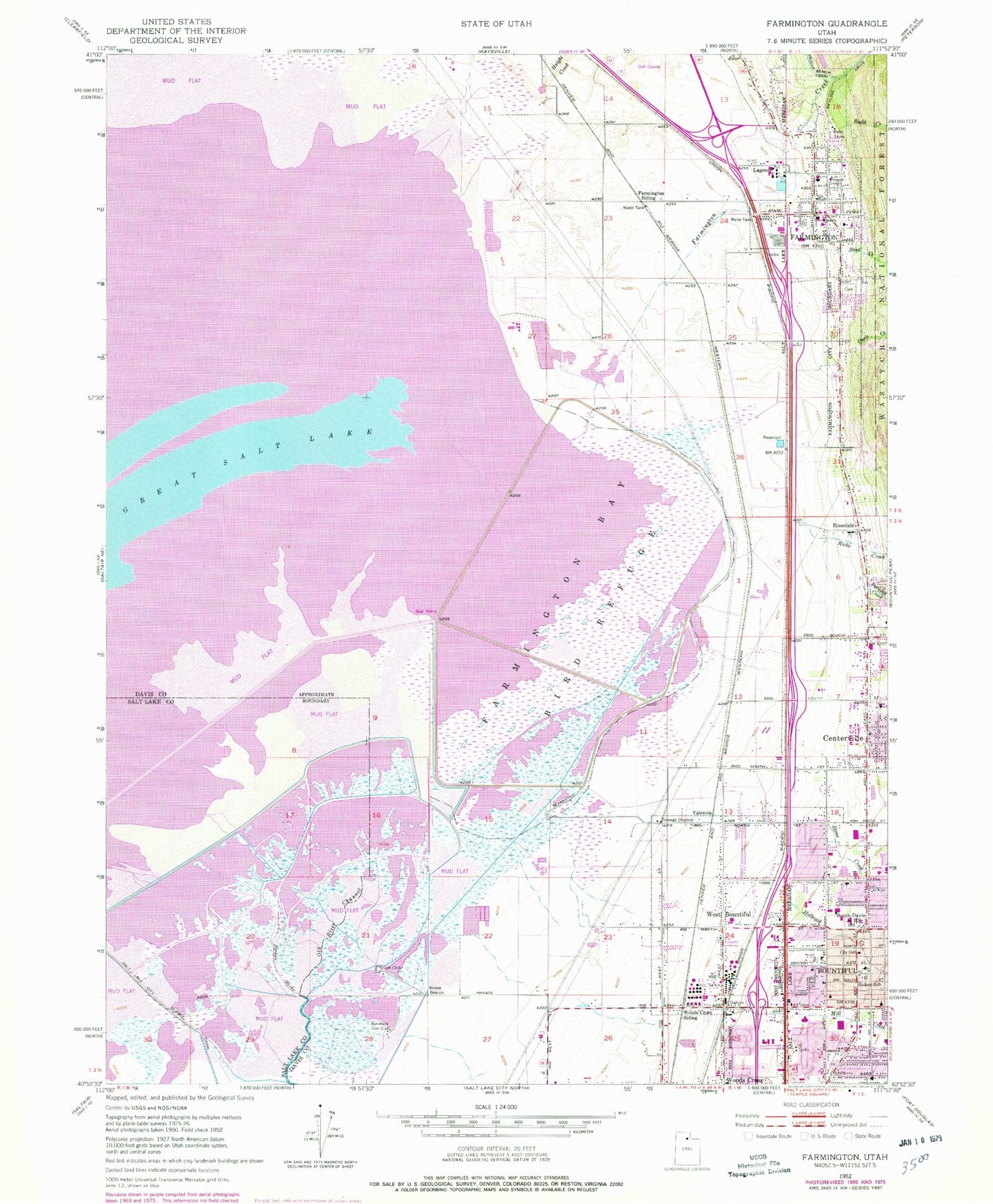 Classic USGS Farmington Utah 7.5'x7.5' Topo Map Image