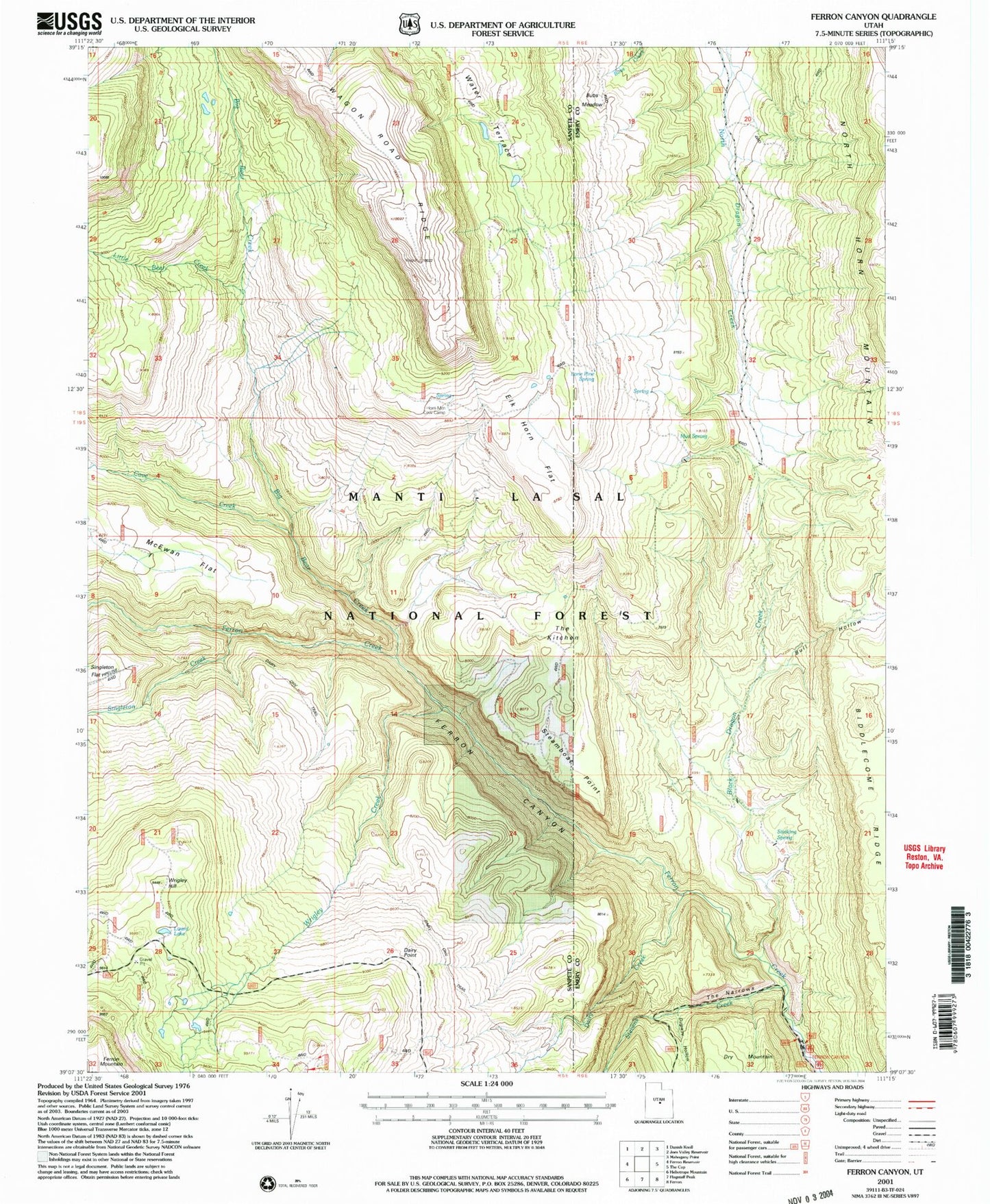 Classic USGS Ferron Canyon Utah 7.5'x7.5' Topo Map Image