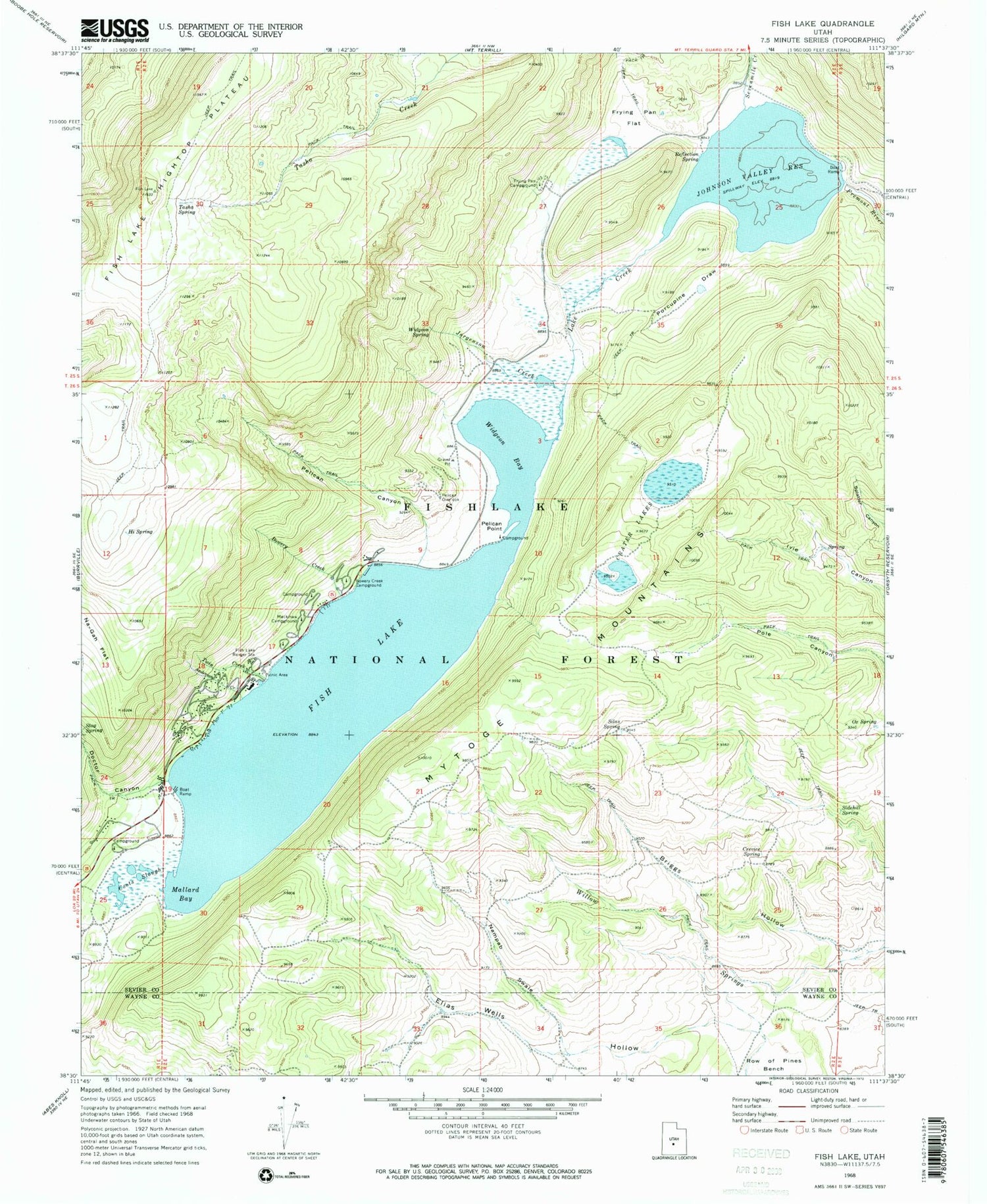 Classic USGS Fish Lake Utah 7.5'x7.5' Topo Map Image