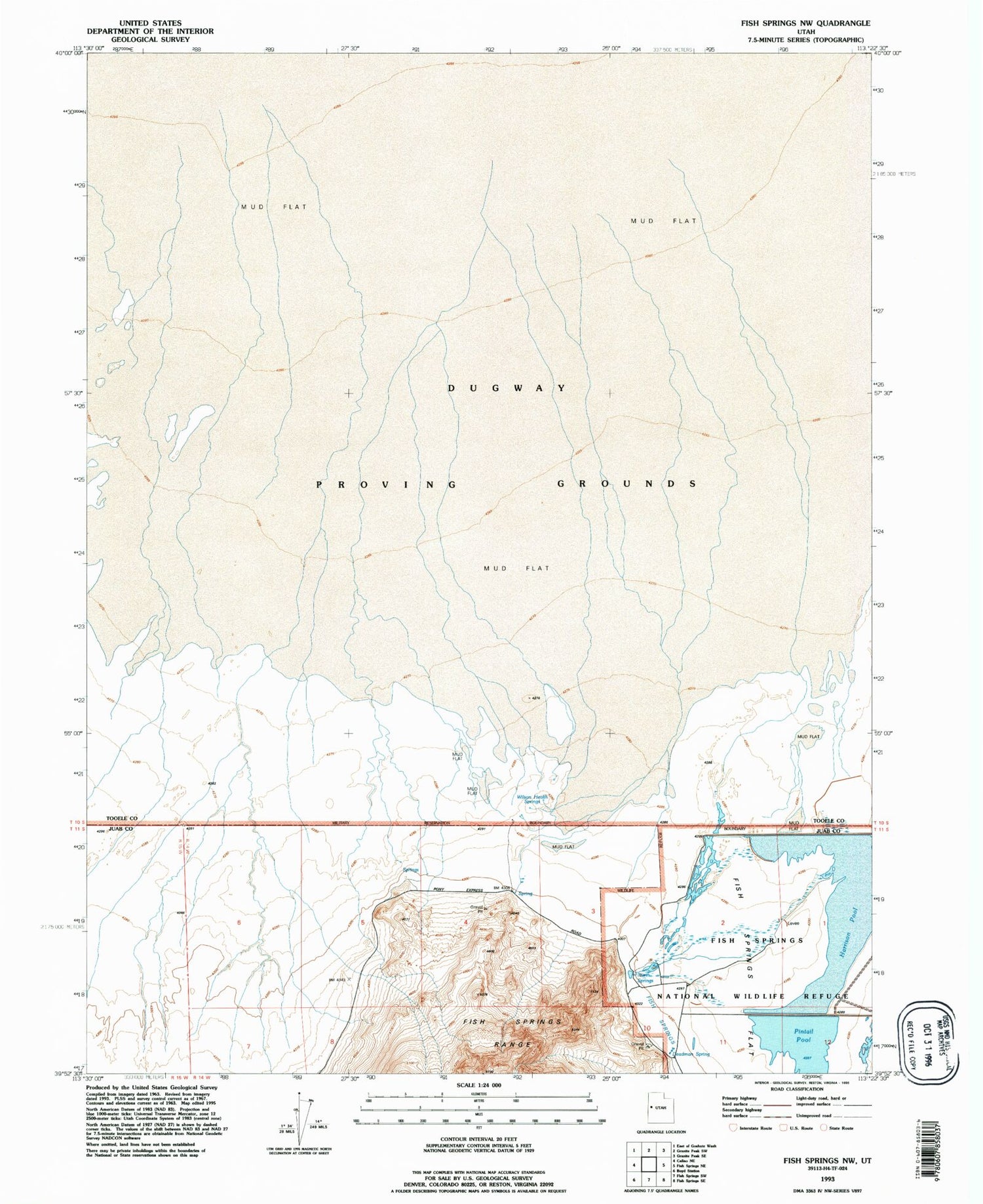 Classic USGS Fish Springs NW Utah 7.5'x7.5' Topo Map Image