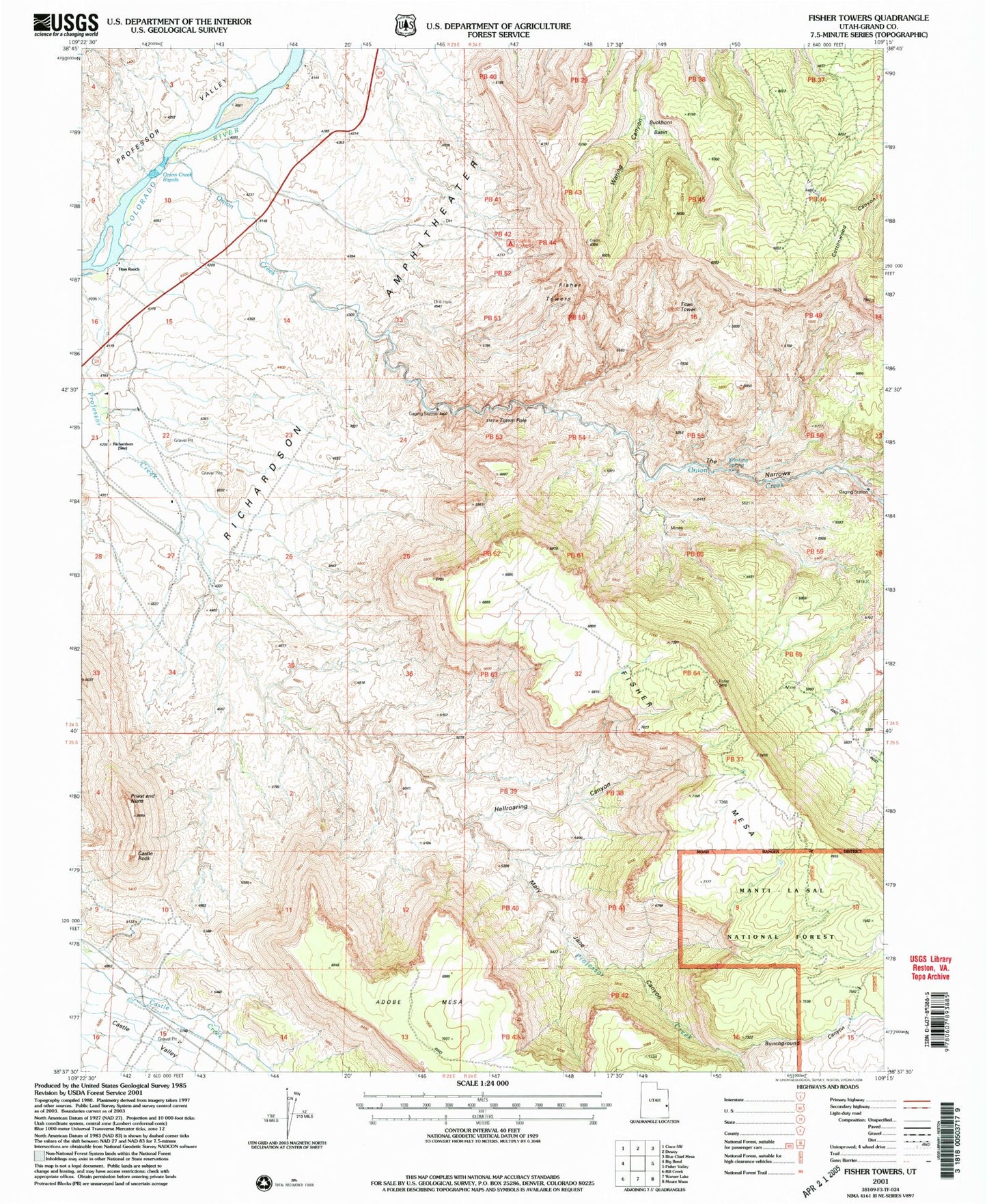 Classic USGS Fisher Towers Utah 7.5'x7.5' Topo Map Image