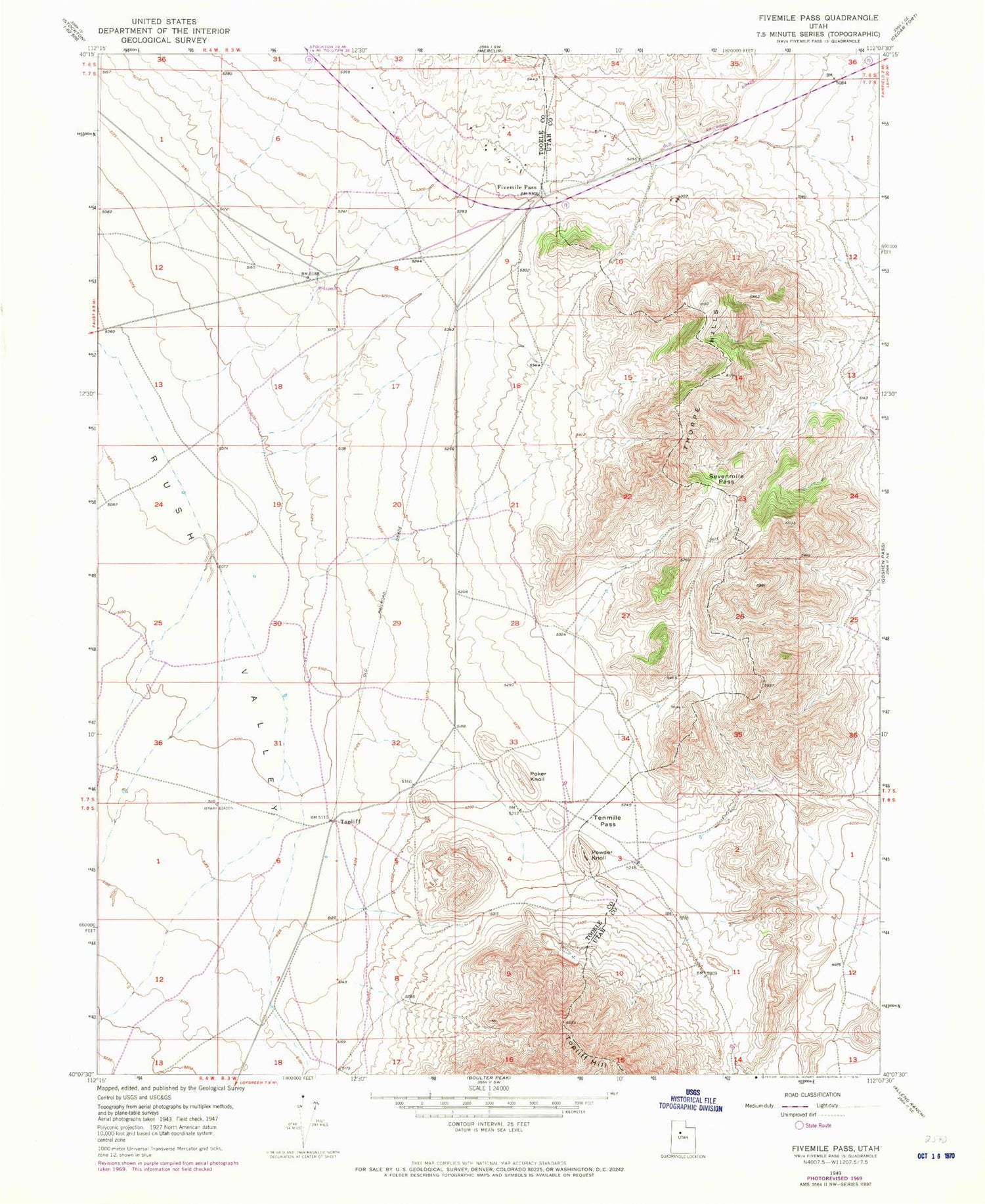 Classic USGS Fivemile Pass Utah 7.5'x7.5' Topo Map Image