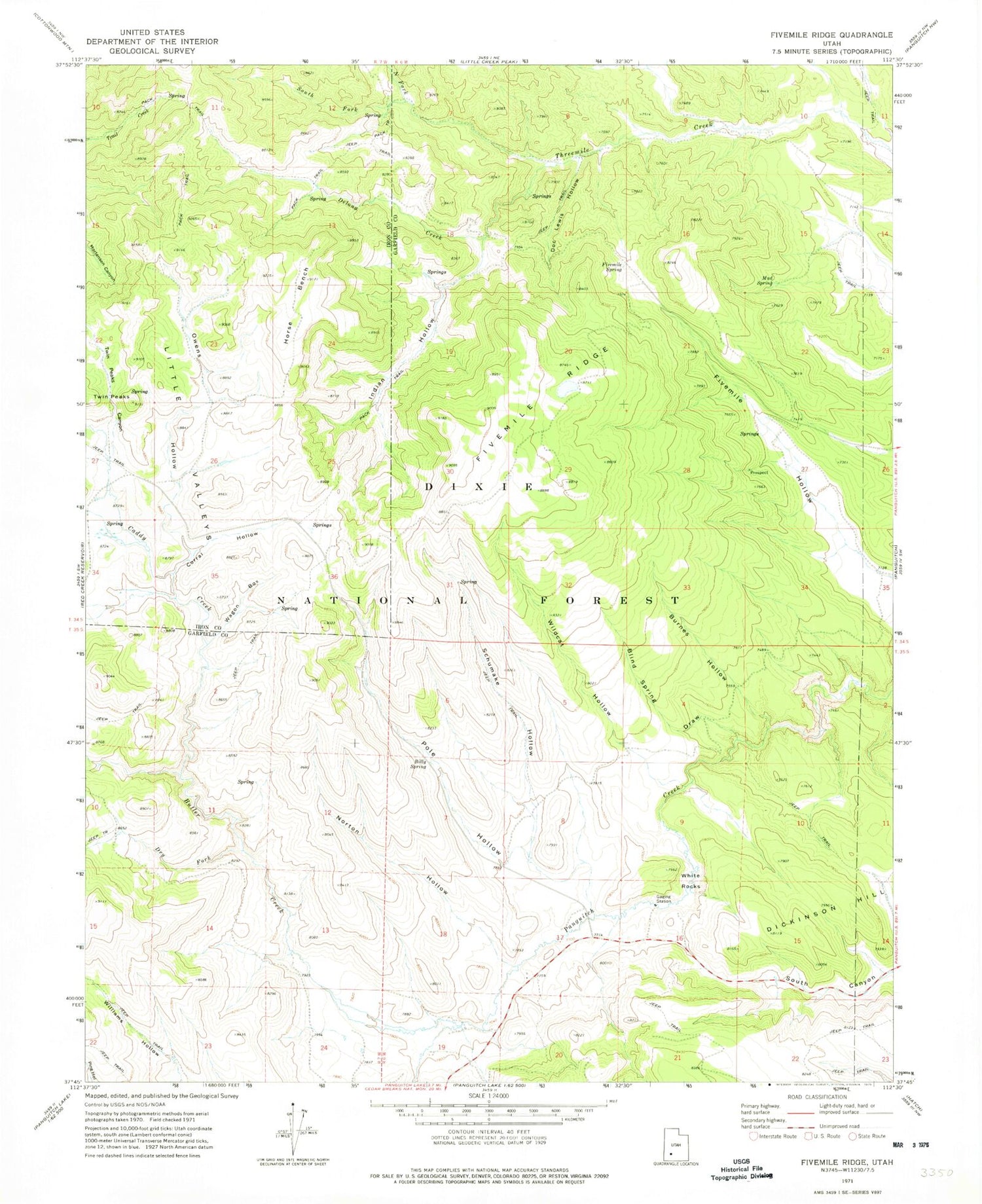 Classic USGS Fivemile Ridge Utah 7.5'x7.5' Topo Map Image