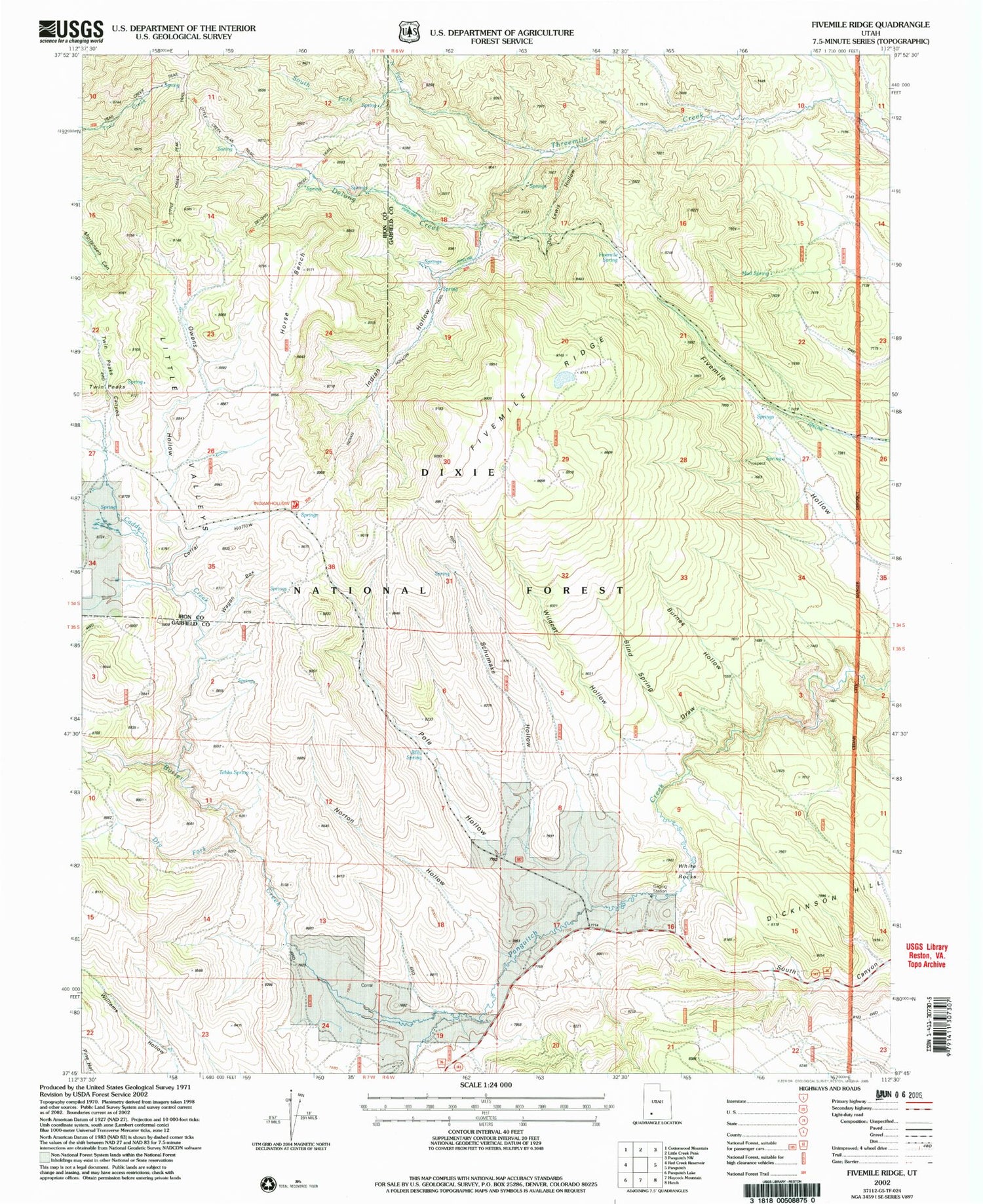 Classic USGS Fivemile Ridge Utah 7.5'x7.5' Topo Map Image