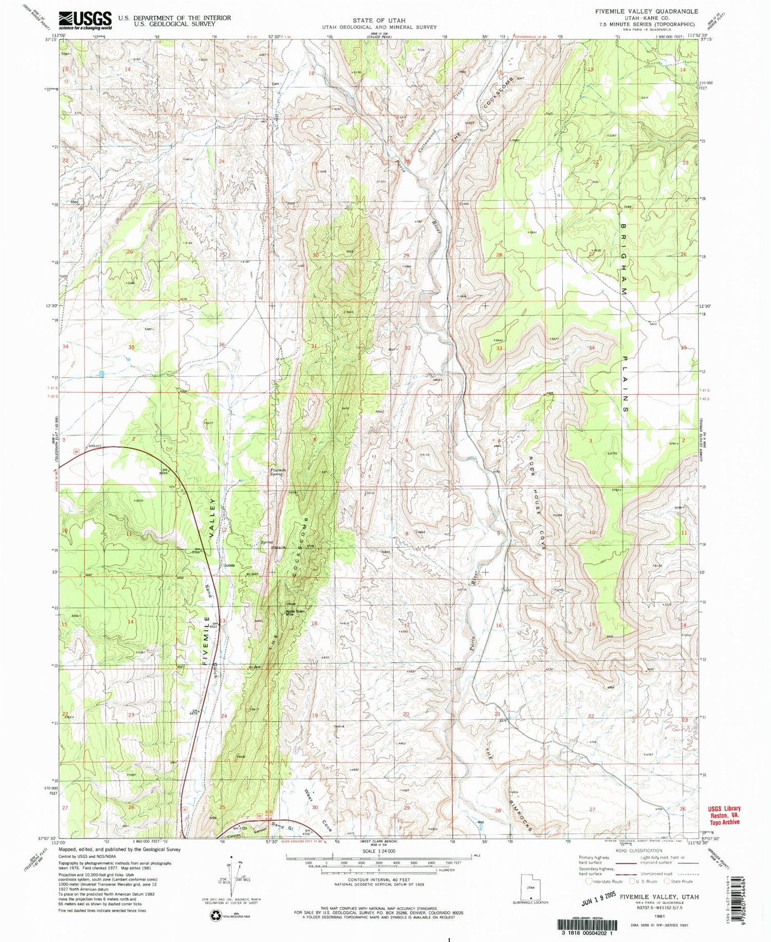 Classic USGS Fivemile Valley Utah 7.5'x7.5' Topo Map Image
