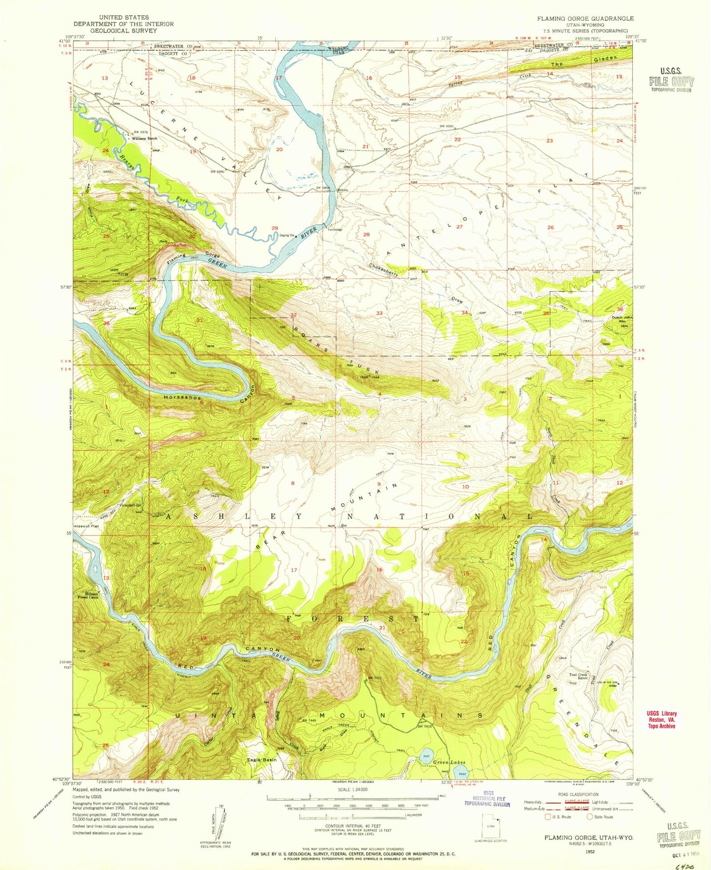 Classic USGS Flaming Gorge Utah 7.5'x7.5' Topo Map Image