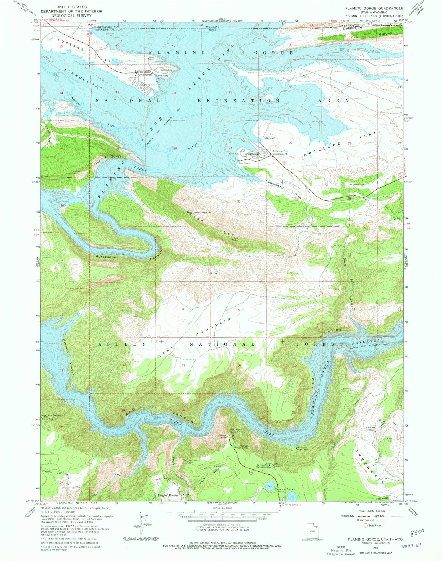 Classic USGS Flaming Gorge Utah 7.5'x7.5' Topo Map Image