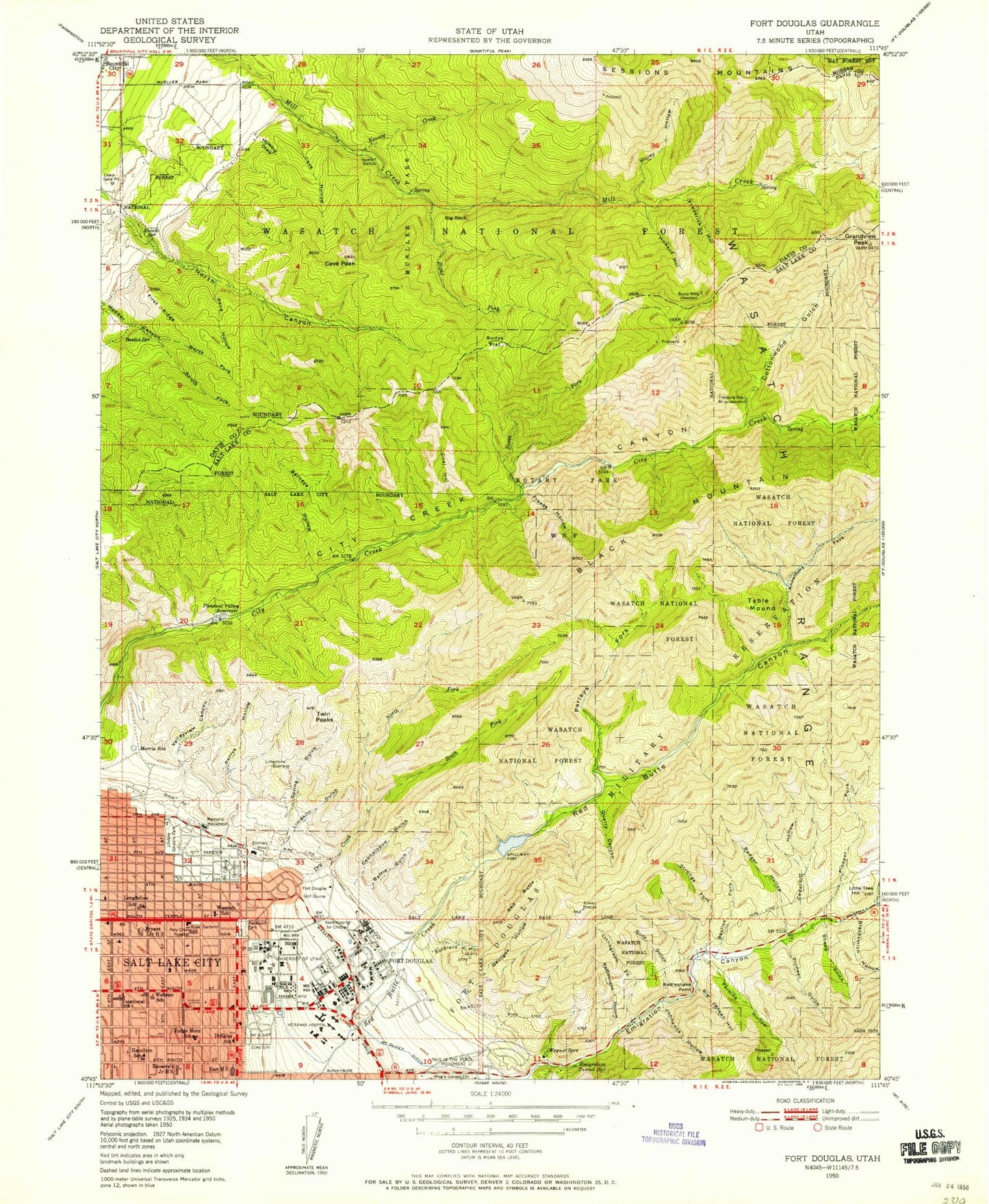 Classic USGS Fort Douglas Utah 7.5'x7.5' Topo Map Image