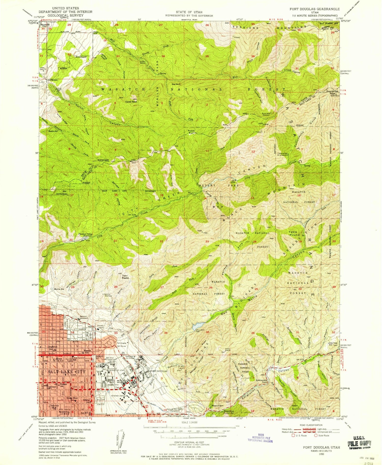 Classic USGS Fort Douglas Utah 7.5'x7.5' Topo Map Image