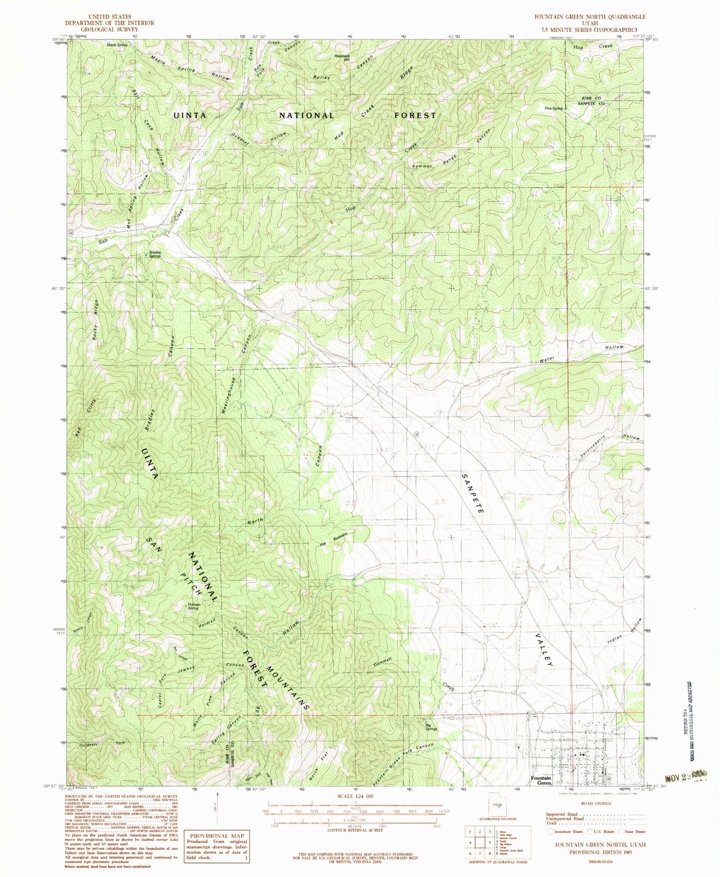 Classic USGS Fountain Green North Utah 7.5'x7.5' Topo Map Image