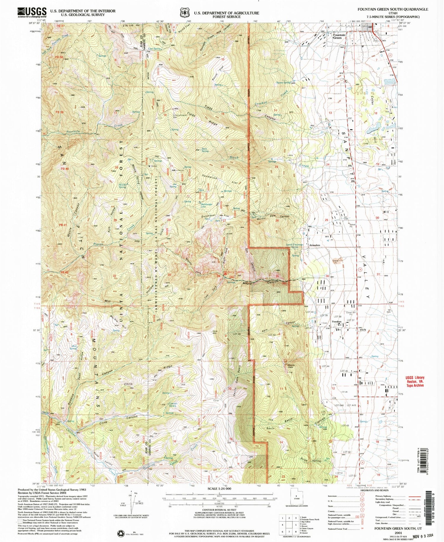 Classic USGS Fountain Green South Utah 7.5'x7.5' Topo Map Image