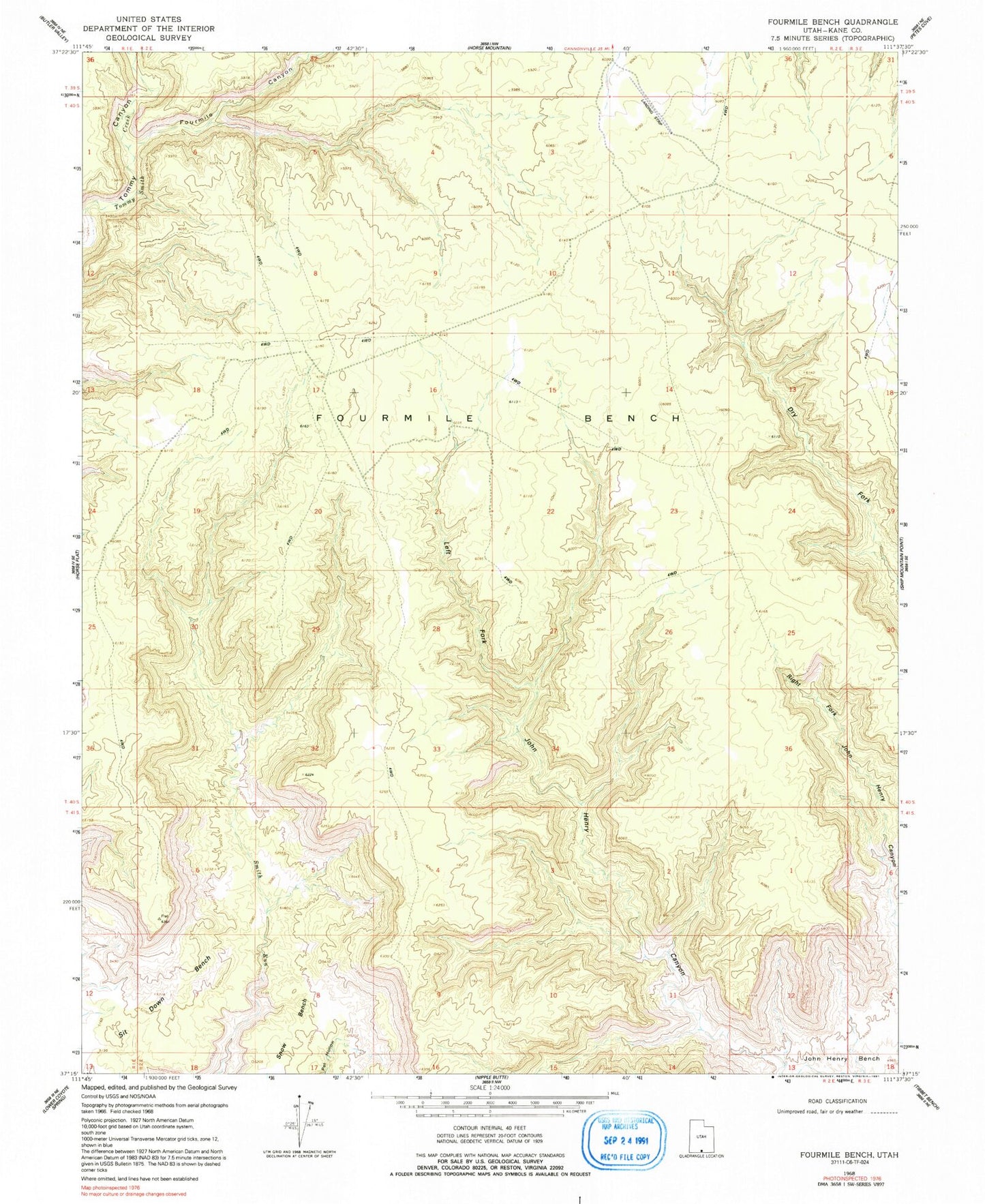 Classic USGS Fourmile Bench Utah 7.5'x7.5' Topo Map Image