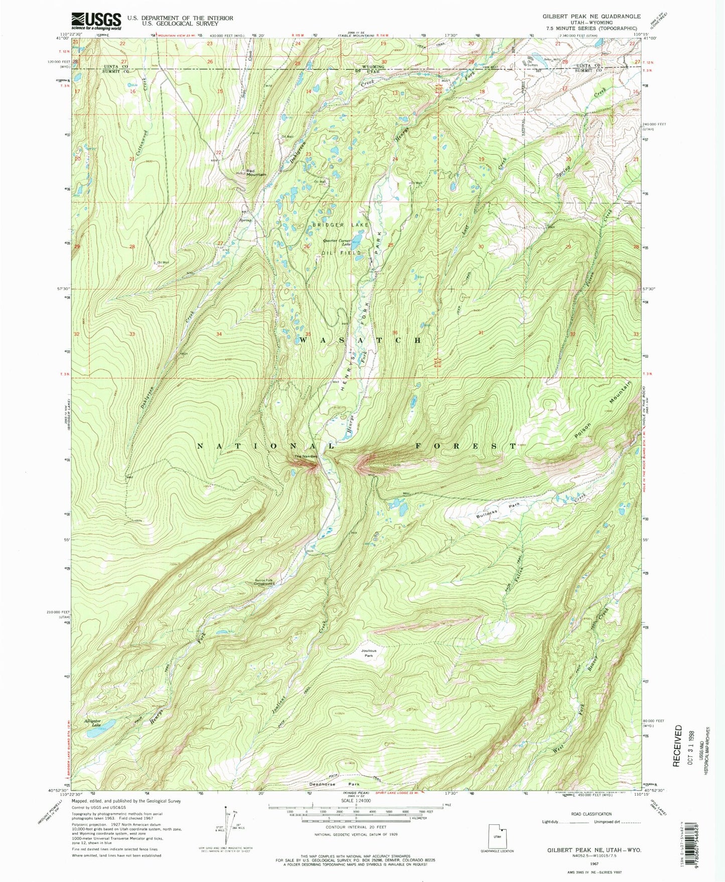 Classic USGS Gilbert Peak NE Utah 7.5'x7.5' Topo Map Image
