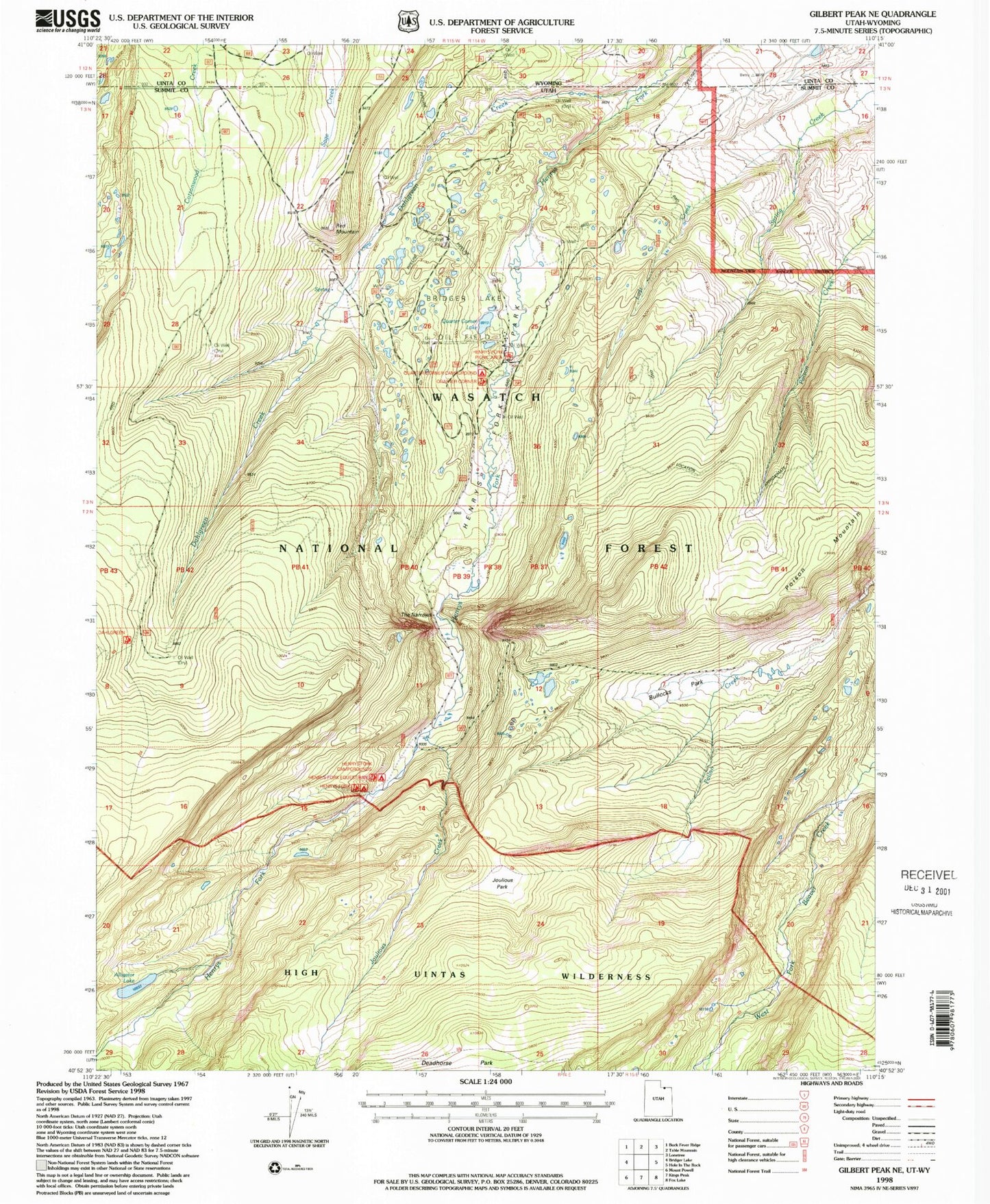 Classic USGS Gilbert Peak NE Utah 7.5'x7.5' Topo Map Image
