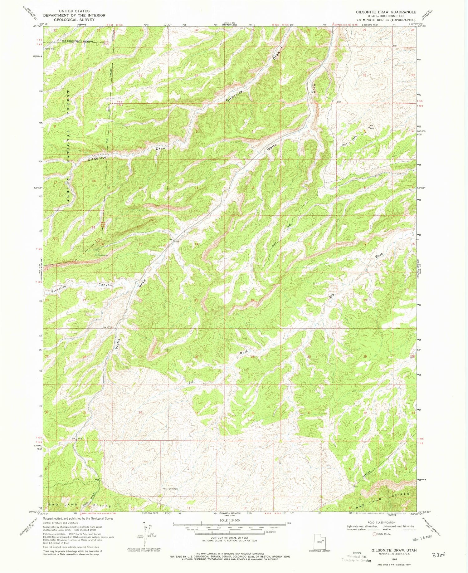 Classic USGS Gilsonite Draw Utah 7.5'x7.5' Topo Map Image