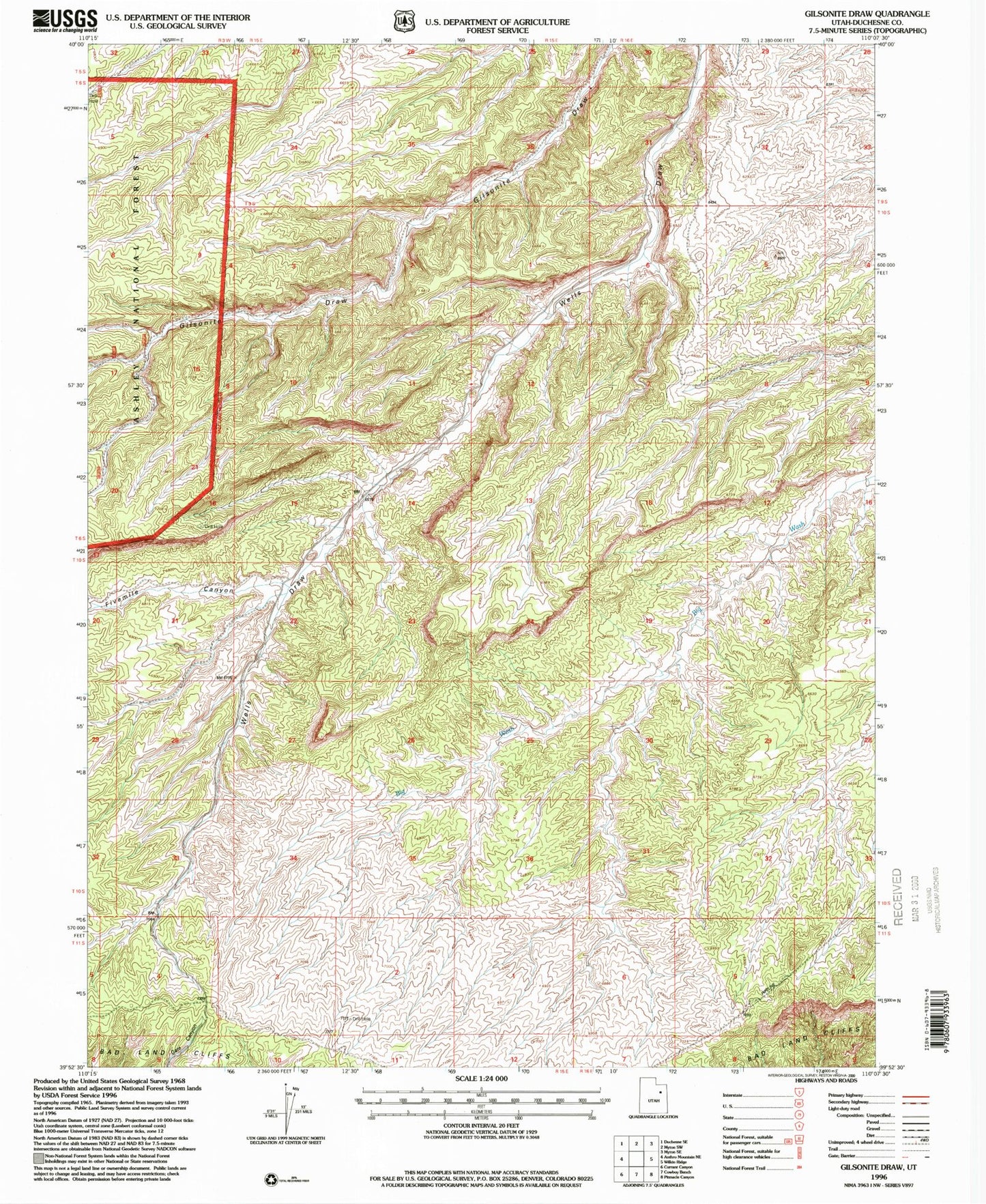 Classic USGS Gilsonite Draw Utah 7.5'x7.5' Topo Map Image
