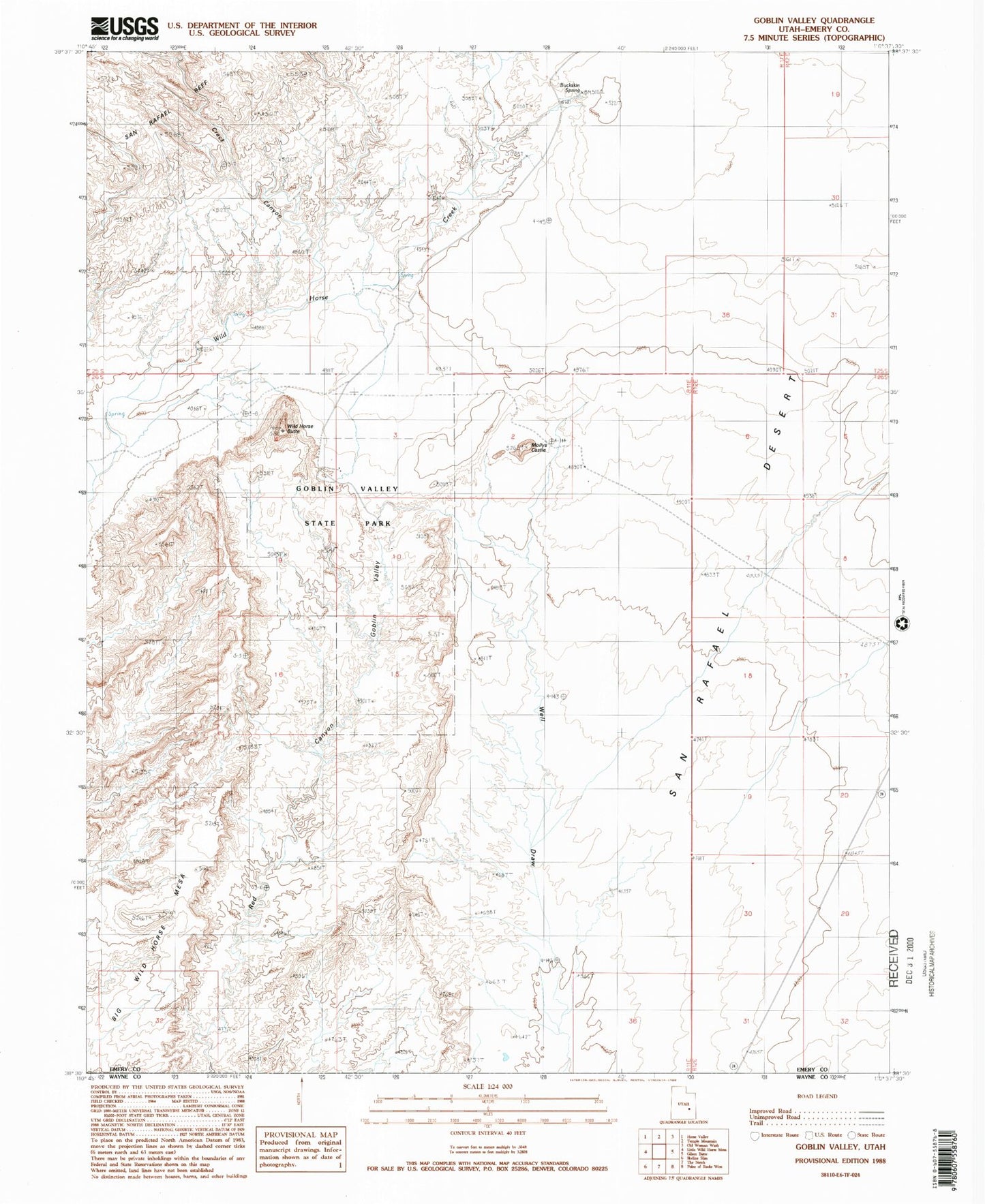 Classic USGS Goblin Valley Utah 7.5'x7.5' Topo Map Image
