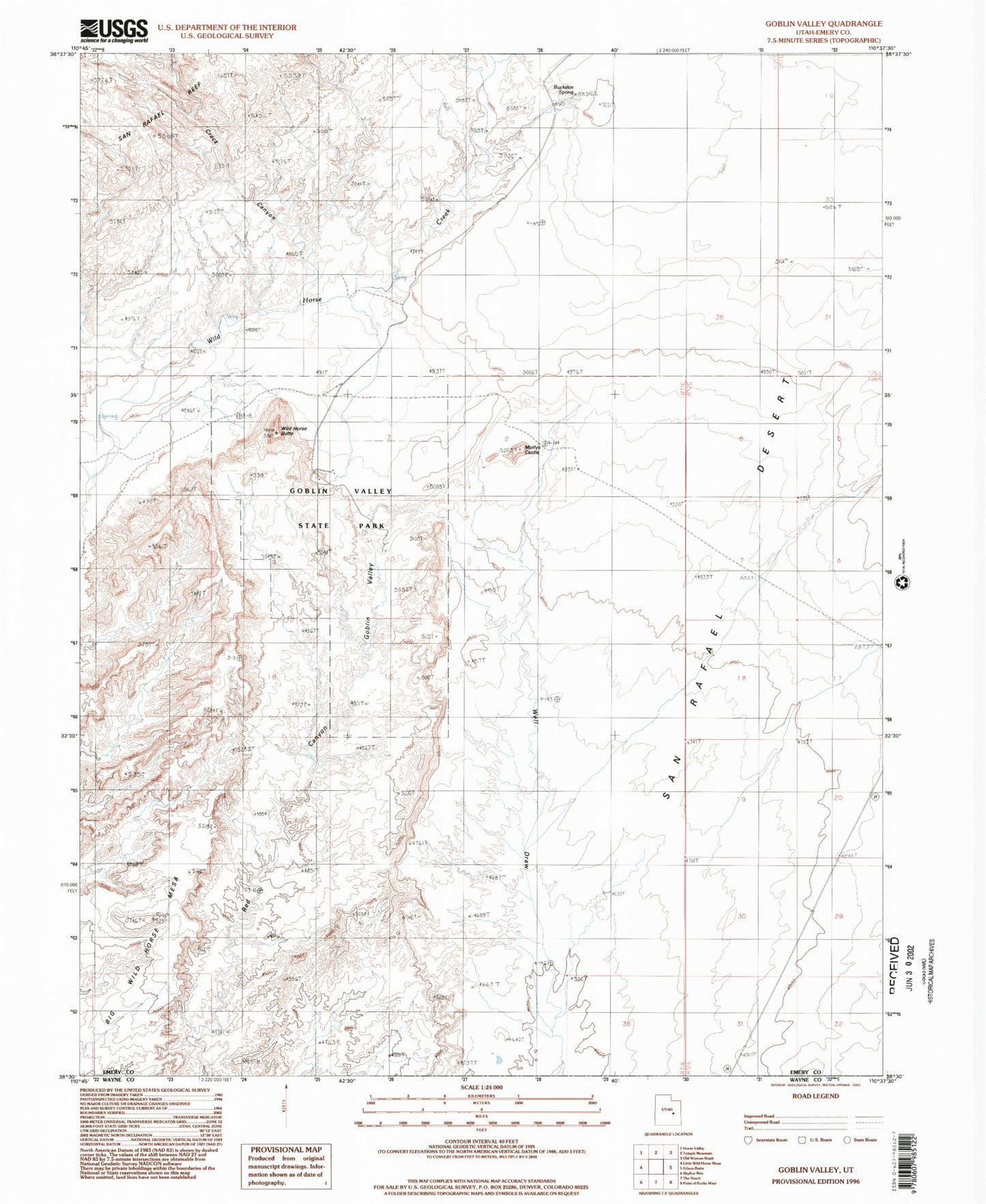 Classic USGS Goblin Valley Utah 7.5'x7.5' Topo Map Image