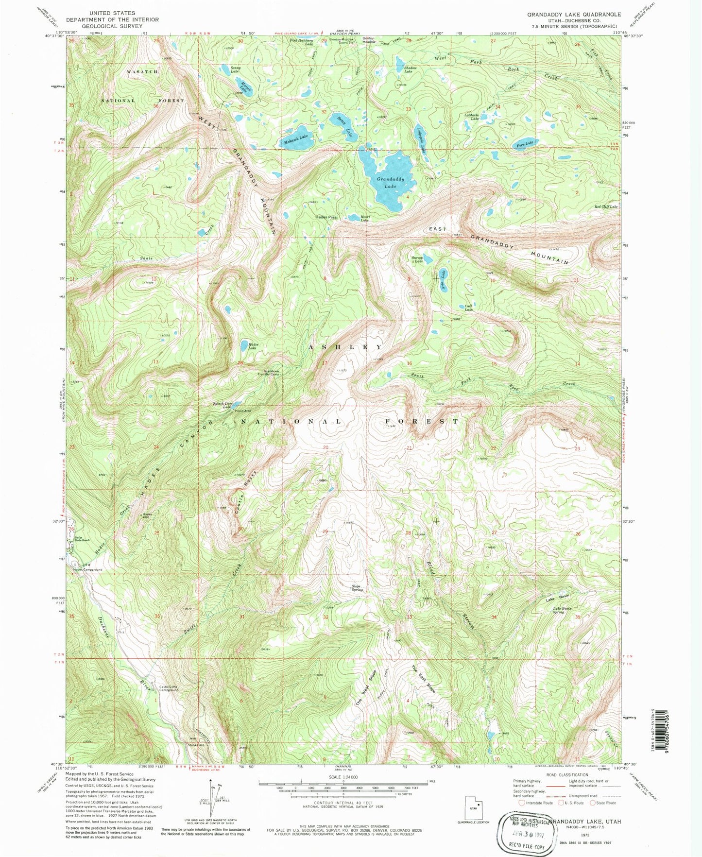 Classic USGS Grandaddy Lake Utah 7.5'x7.5' Topo Map Image