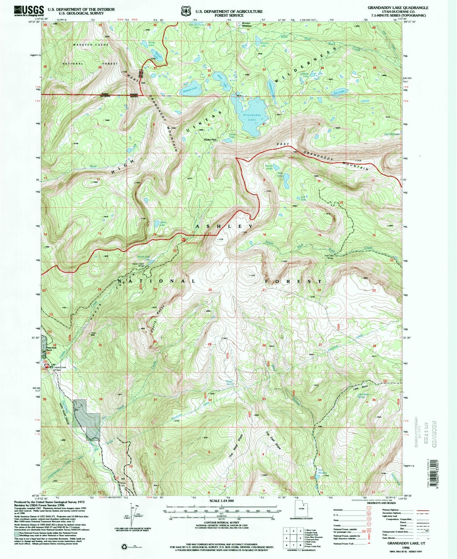 Classic USGS Grandaddy Lake Utah 7.5'x7.5' Topo Map Image