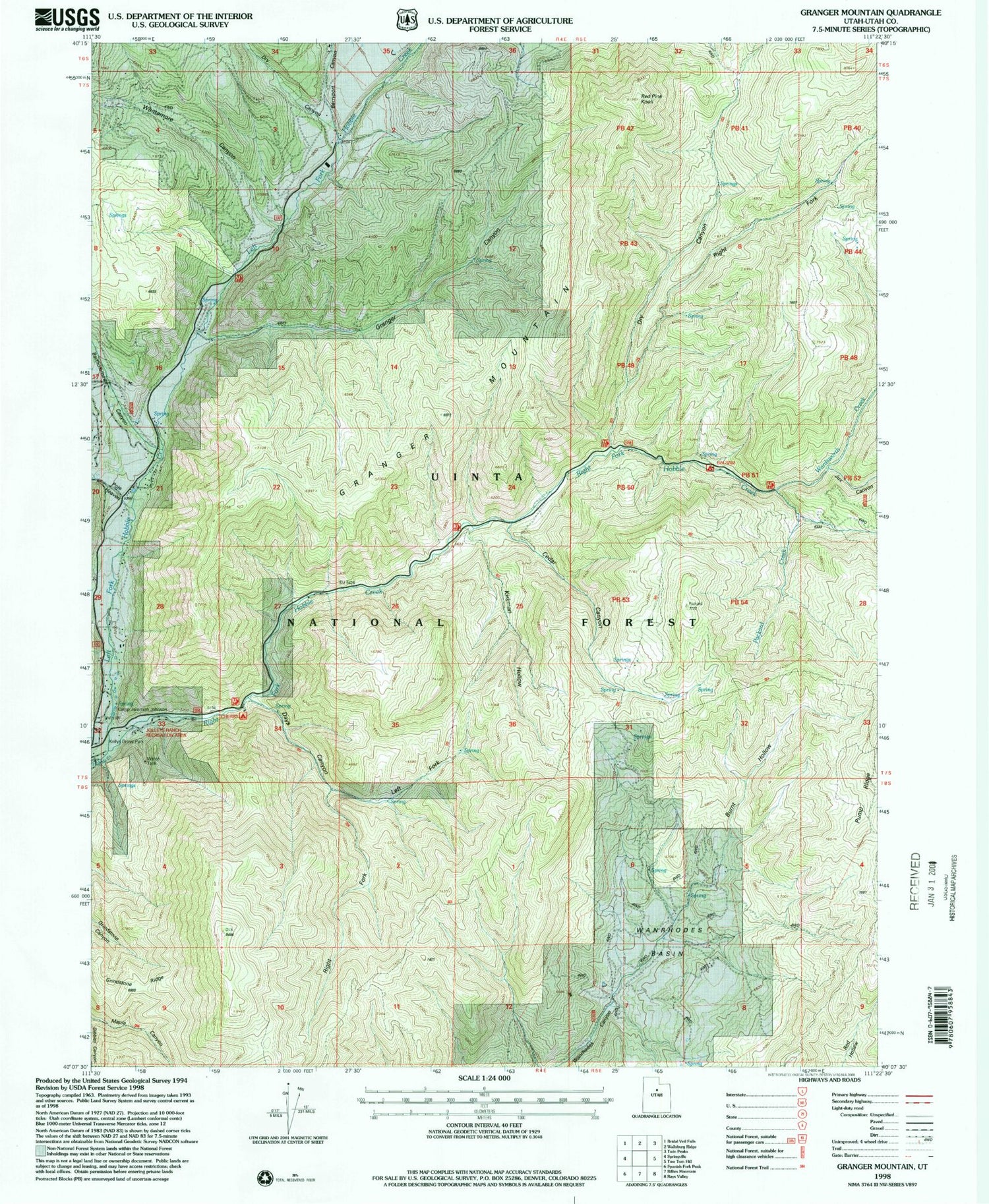 Classic USGS Granger Mountain Utah 7.5'x7.5' Topo Map Image