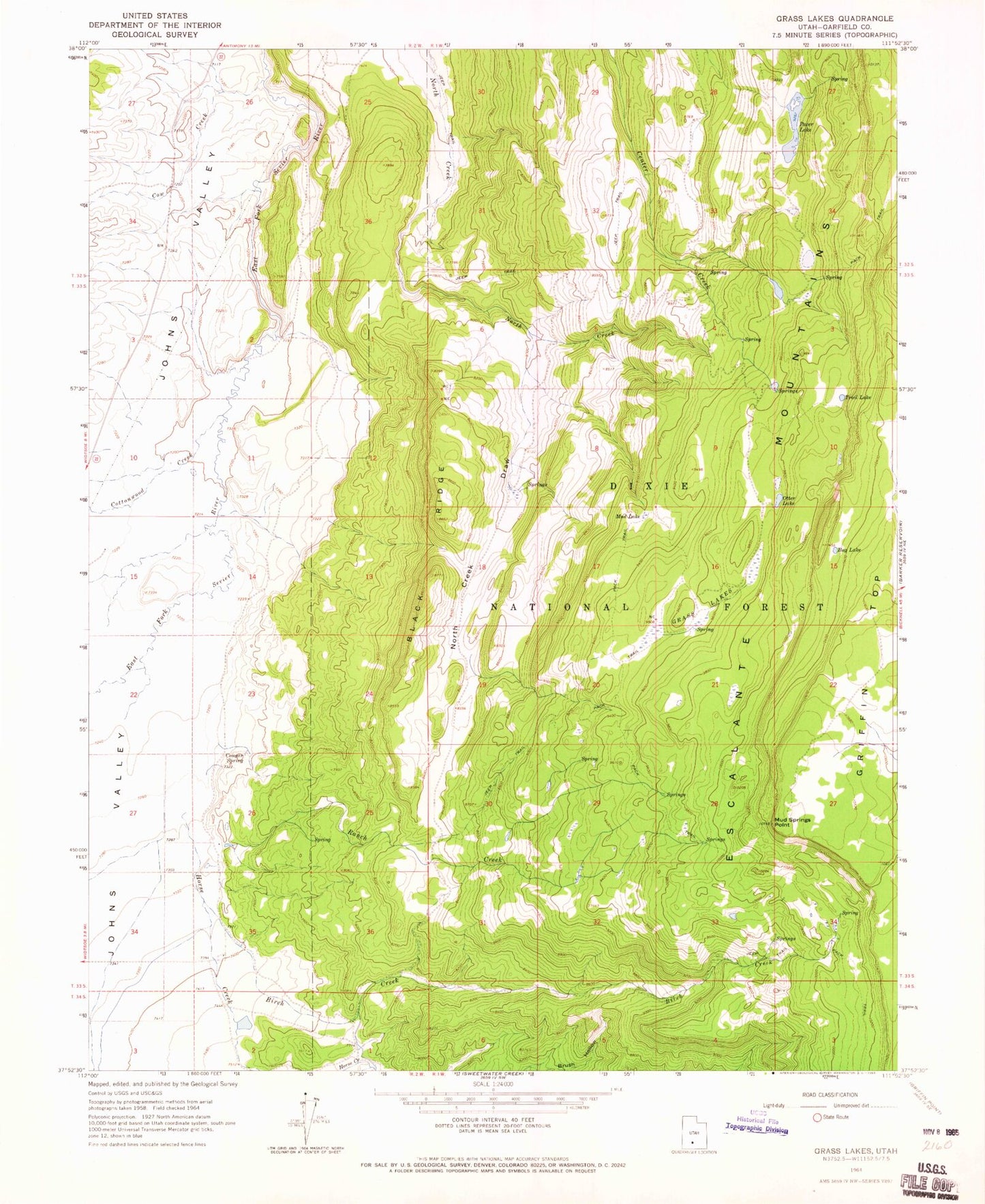 Classic USGS Grass Lakes Utah 7.5'x7.5' Topo Map Image