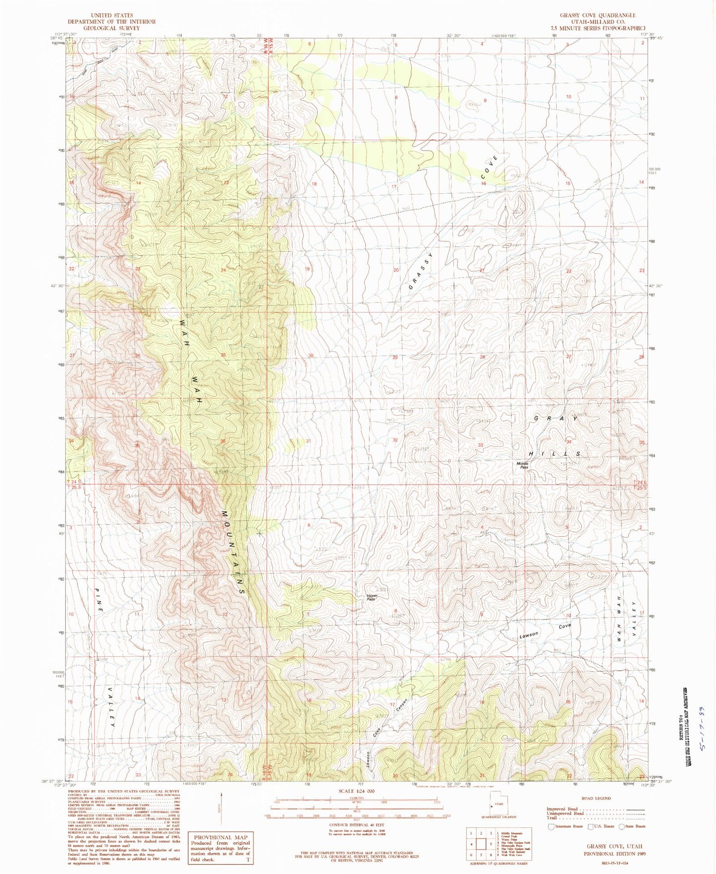 Classic USGS Grassy Cove Utah 7.5'x7.5' Topo Map Image